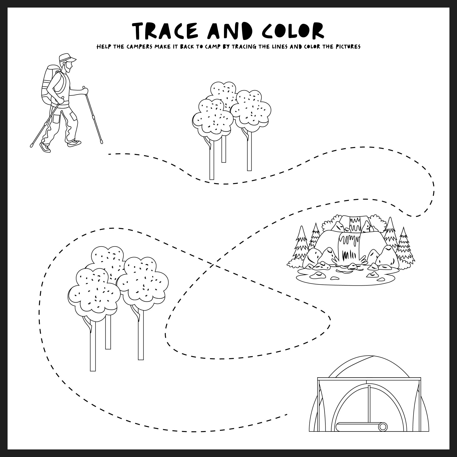 Printable Camping Trace And Color Worksheets