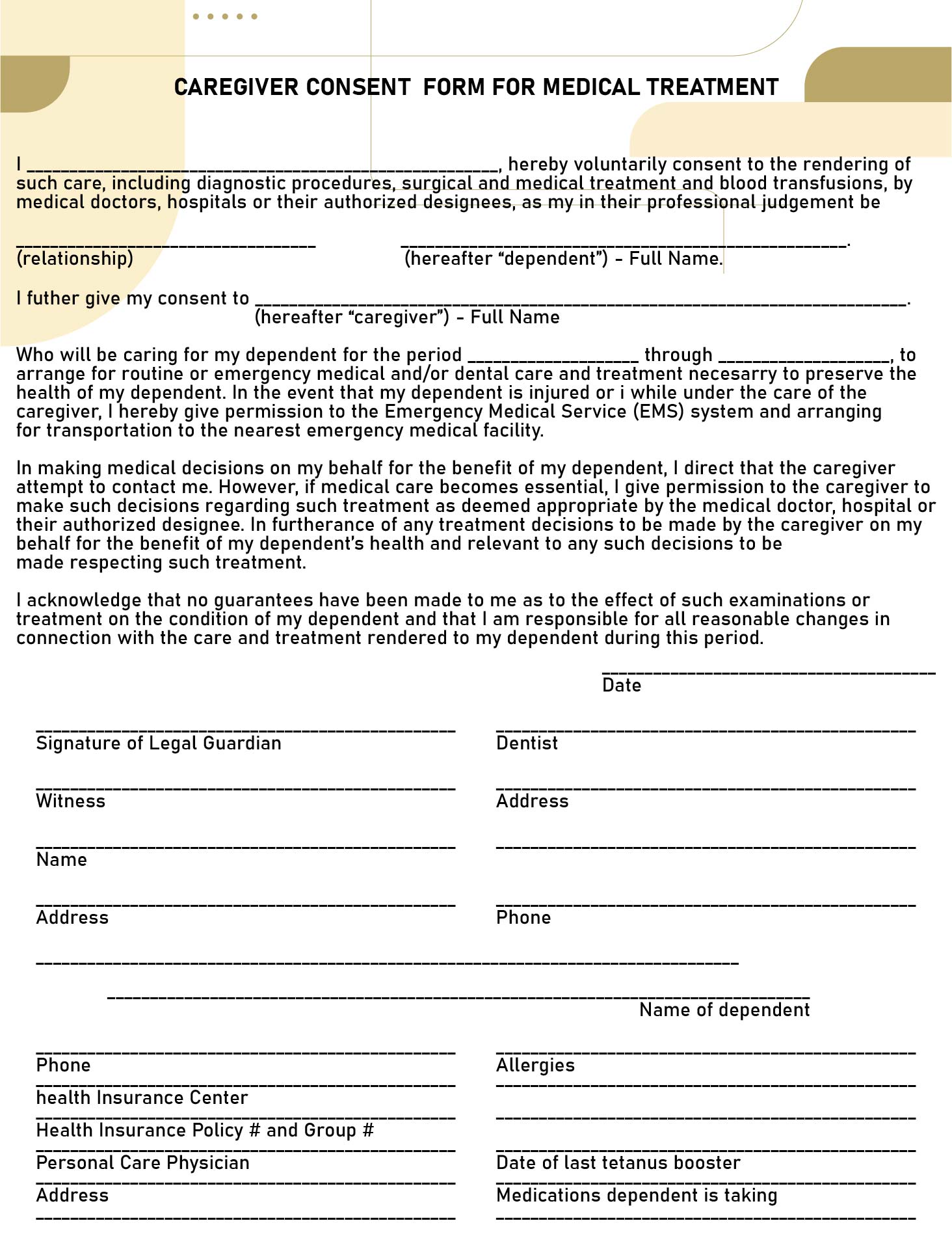 Printable Caregiver Consent Forms For Medical Treatment