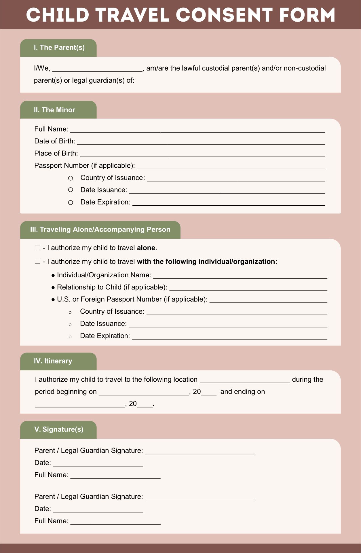 Printable Child Travel Consent Form Template
