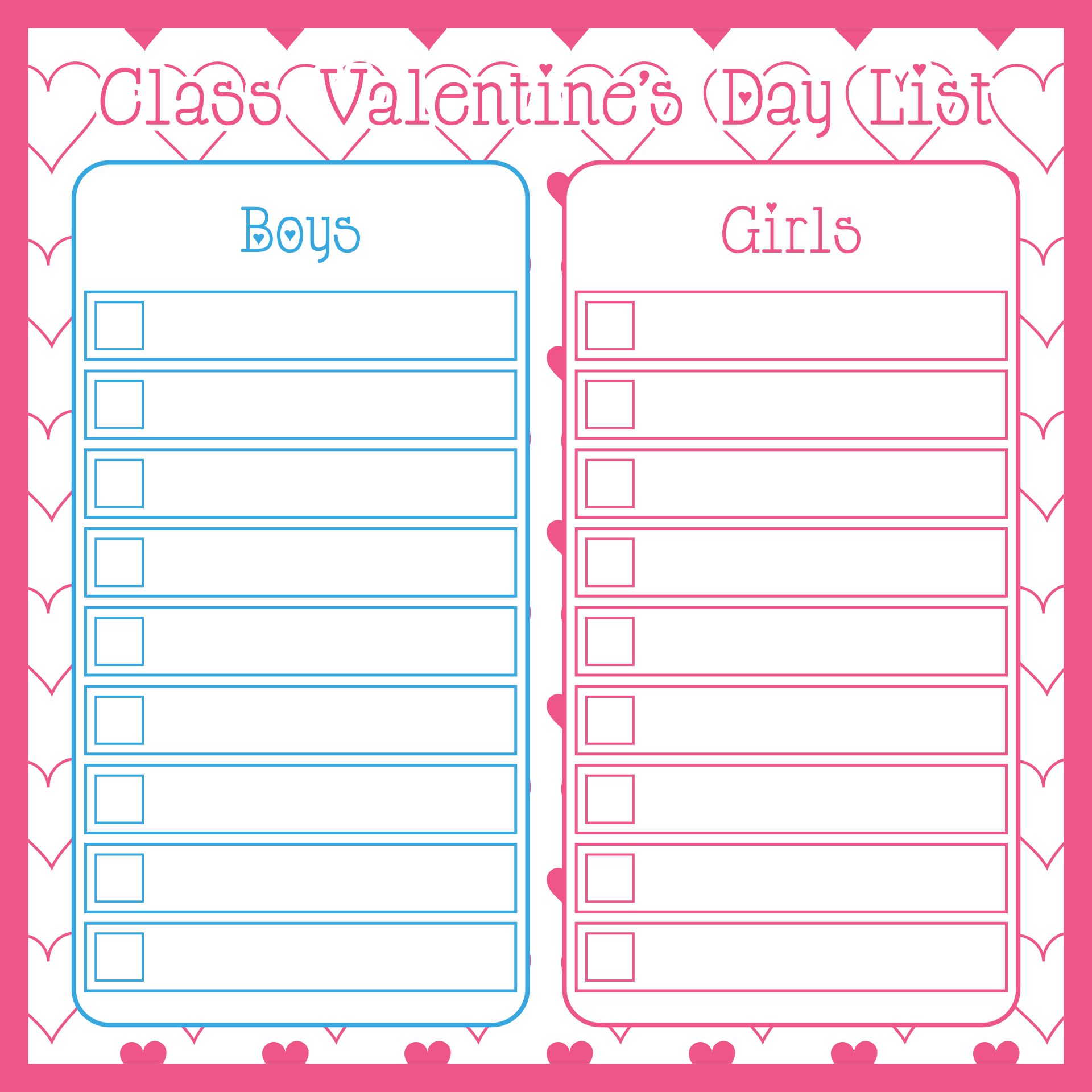 Printable Class List For Valentines Day Cards