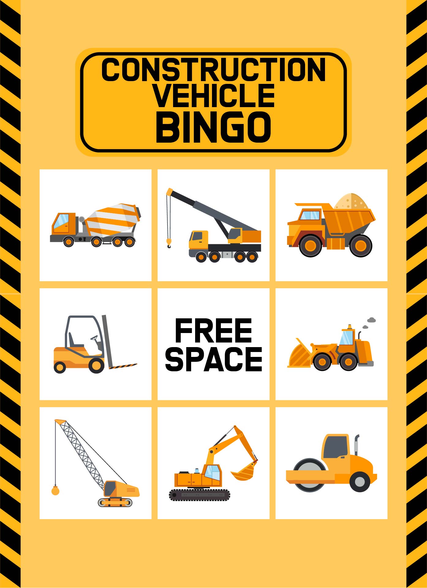 Printable Construction Vehicle Bingo For Children