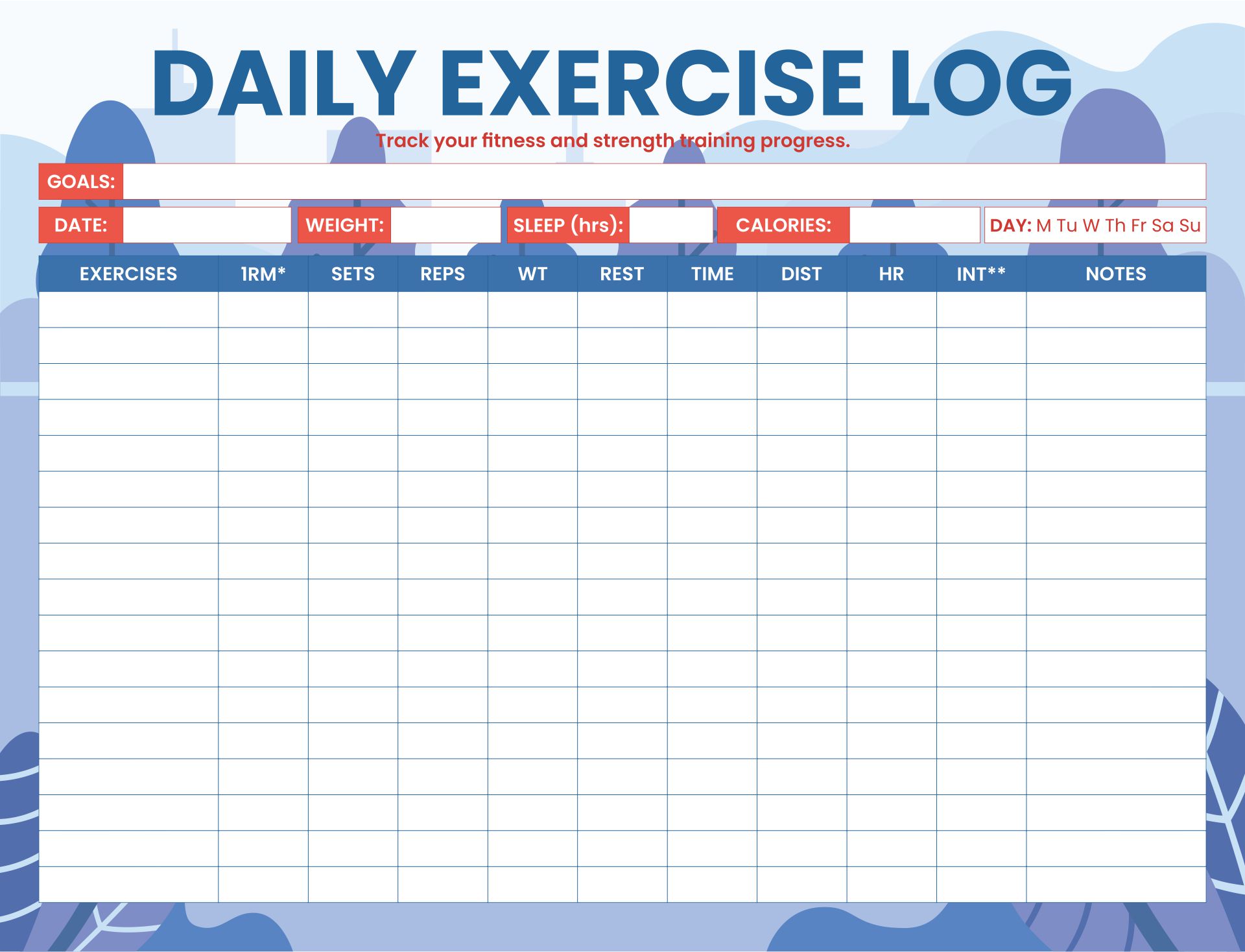 Printable Daily Exercise Log Template
