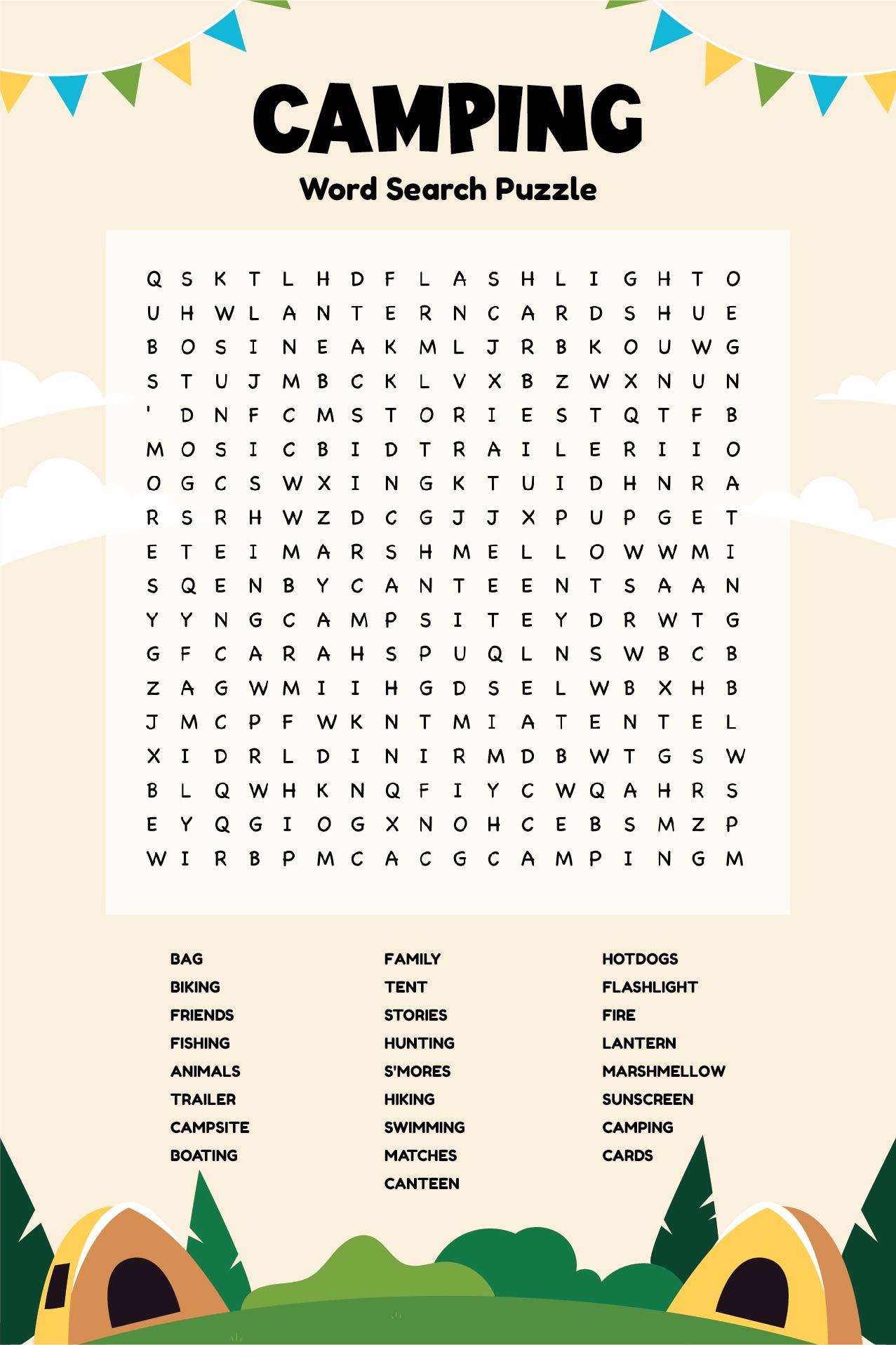Printable Difficult Camping Word Search