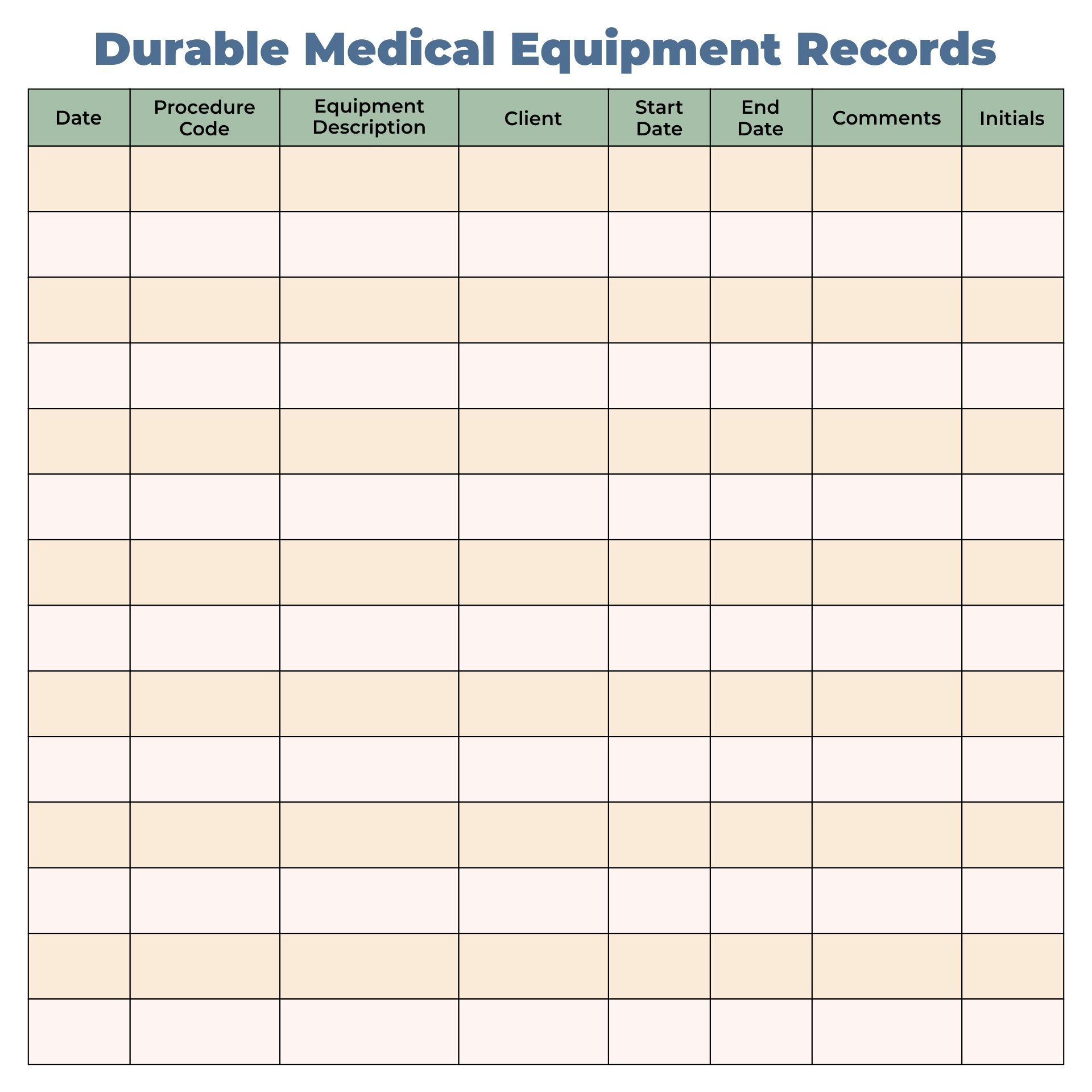 Printable Durable Medical Equipment Records Template