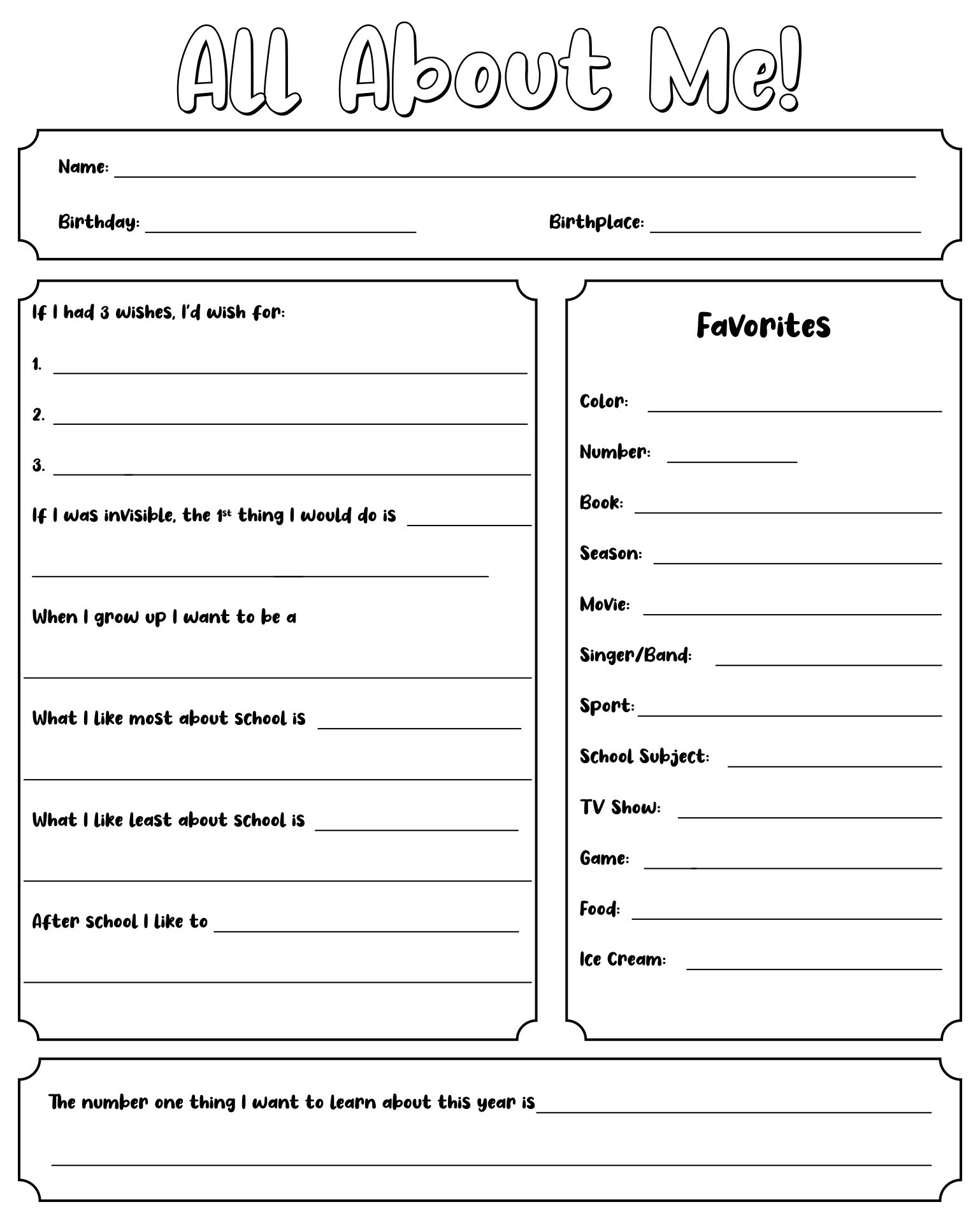 Printable Fifth Grade All About Me Worksheet