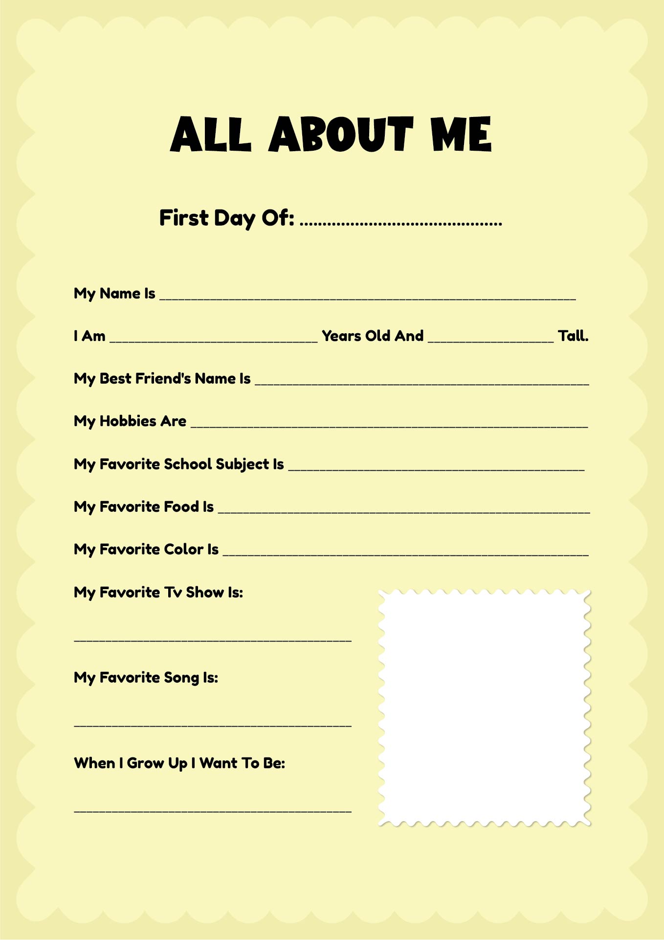 Printable First Day Of School All About Me Sign