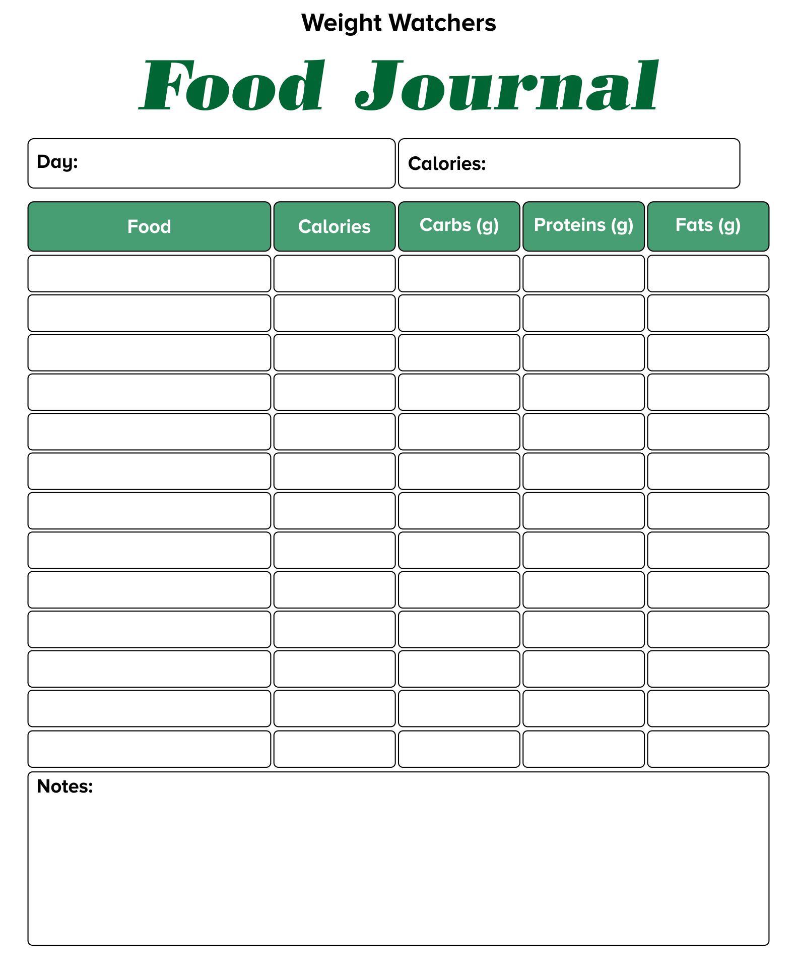Printable Food Journal For Weight Watchers Points Or Calories
