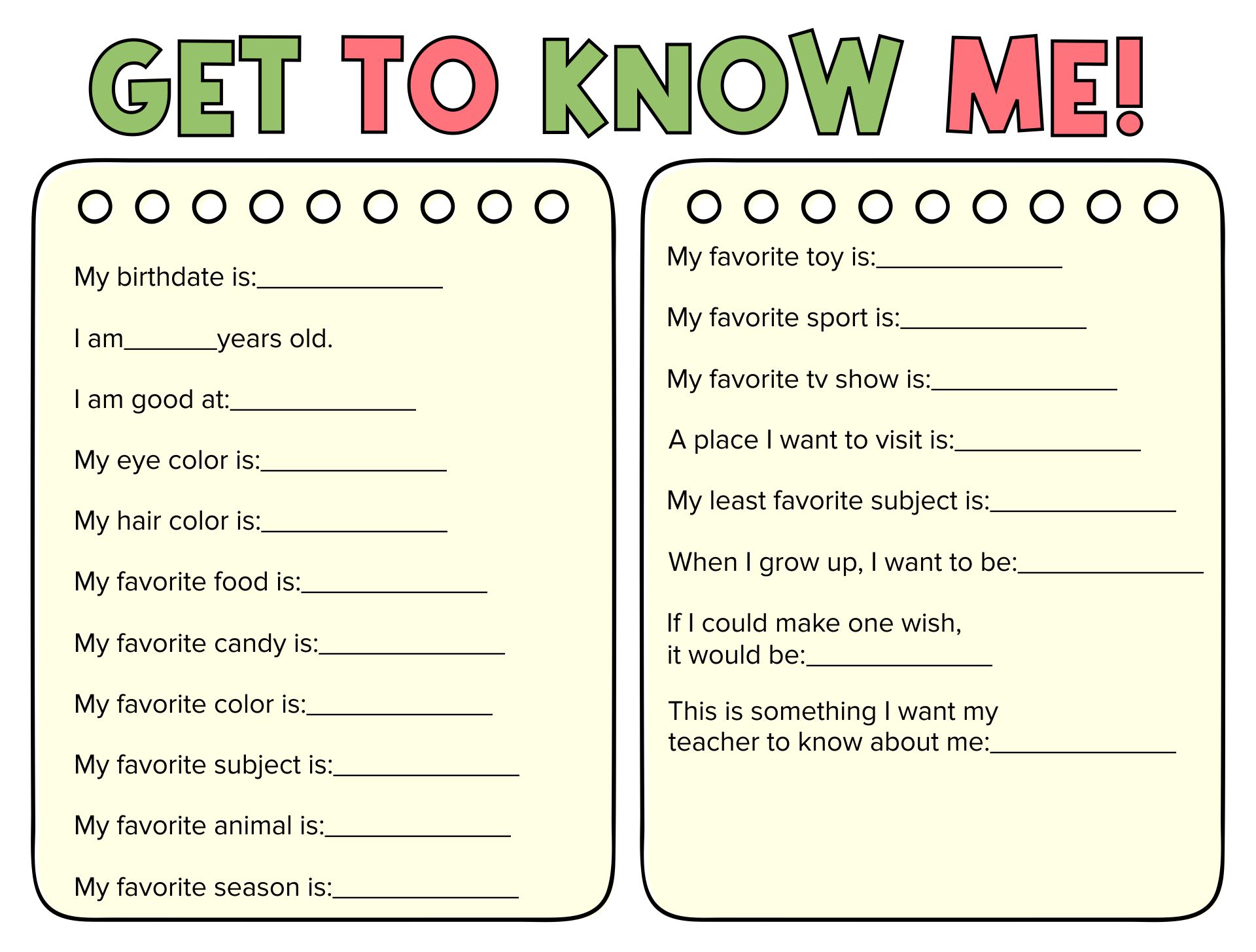 Printable Get To Know Me Questions Worksheets