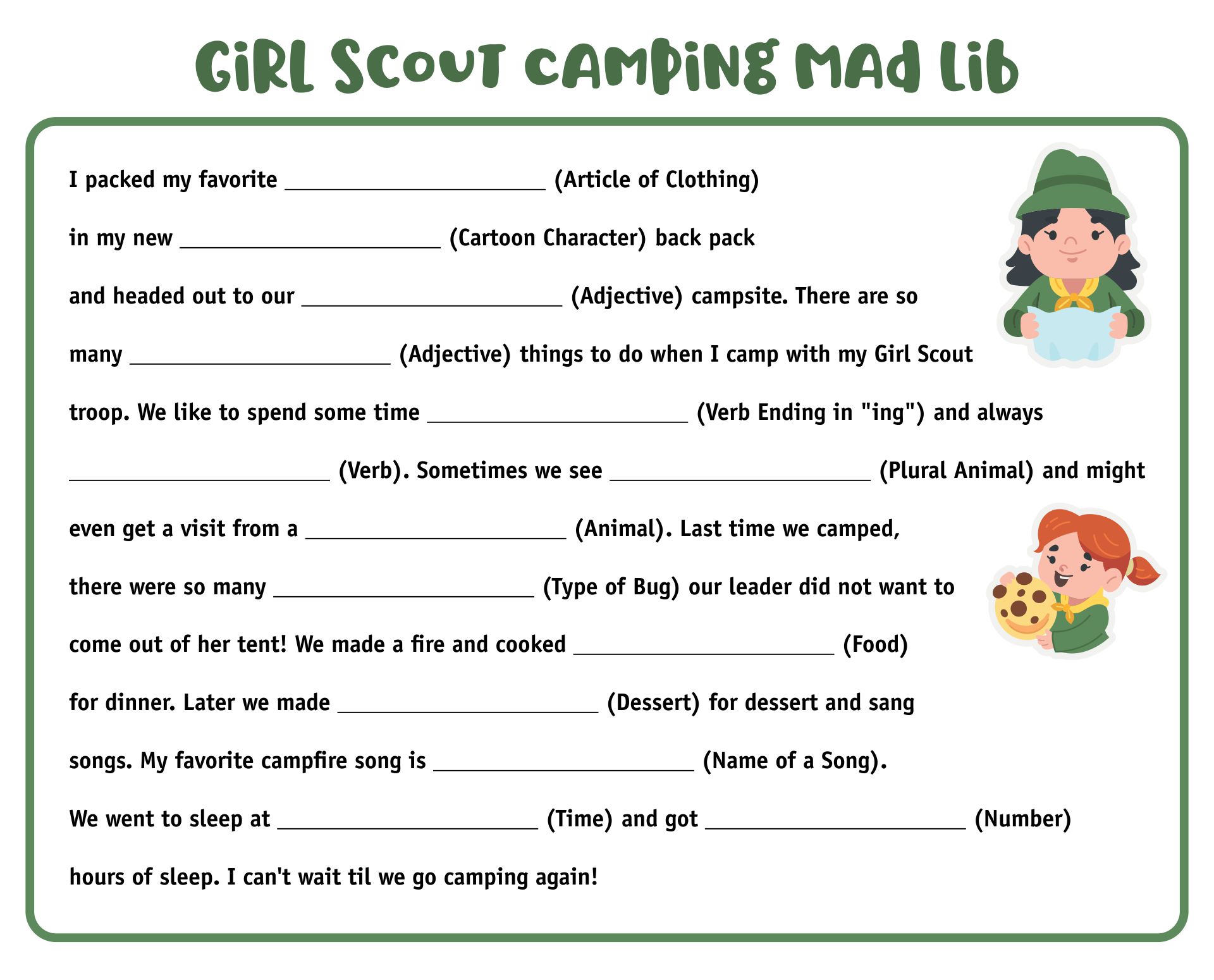 Printable Girl Scout Camping Mad Lib