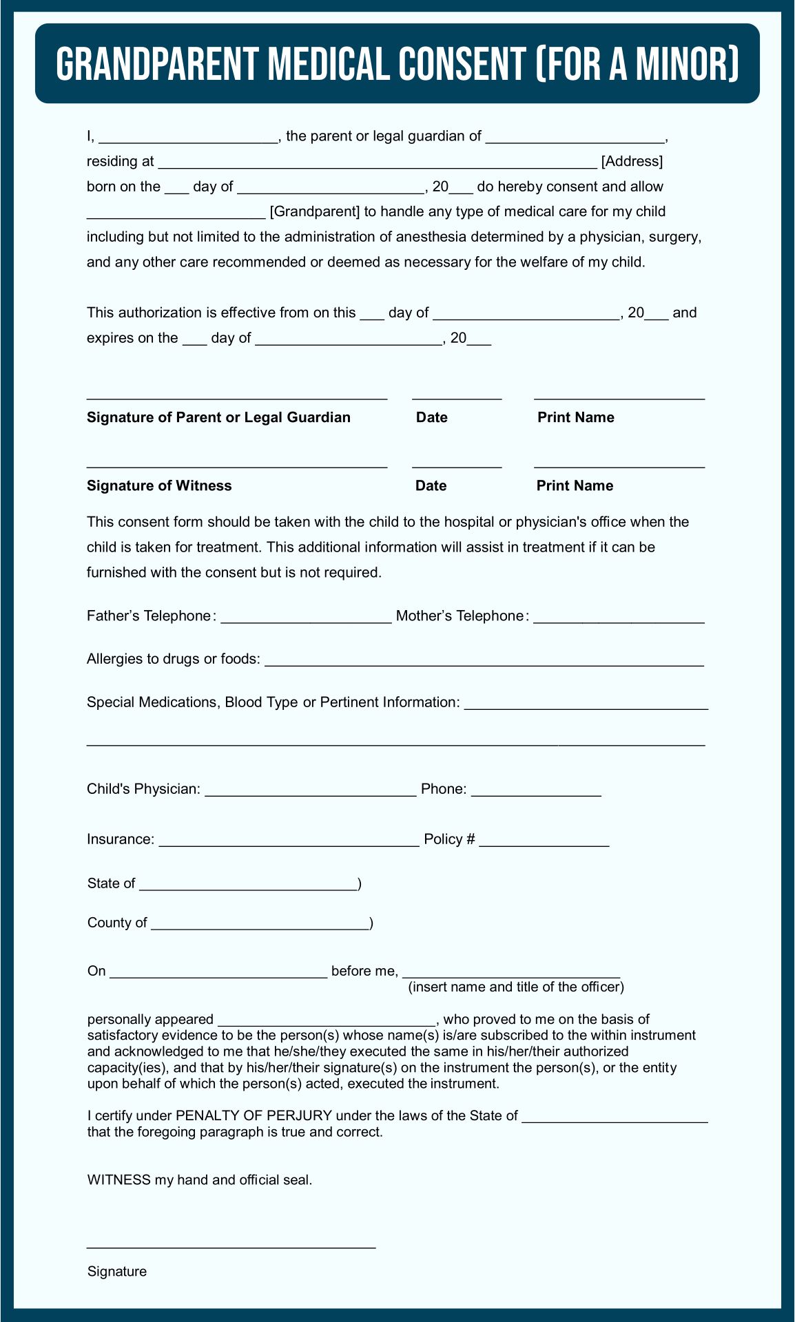 Printable Grandparents Medical Consent Form