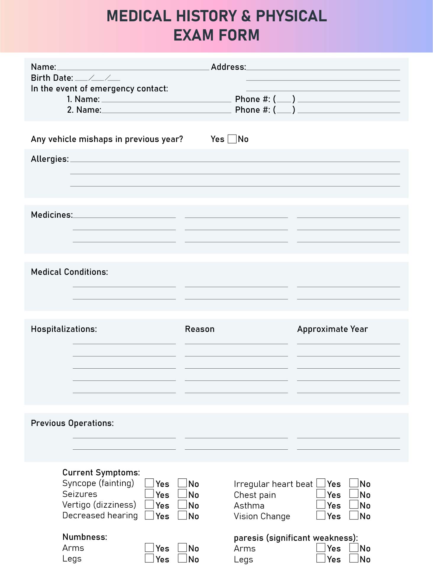 Printable Health History Physical Examination Form Template