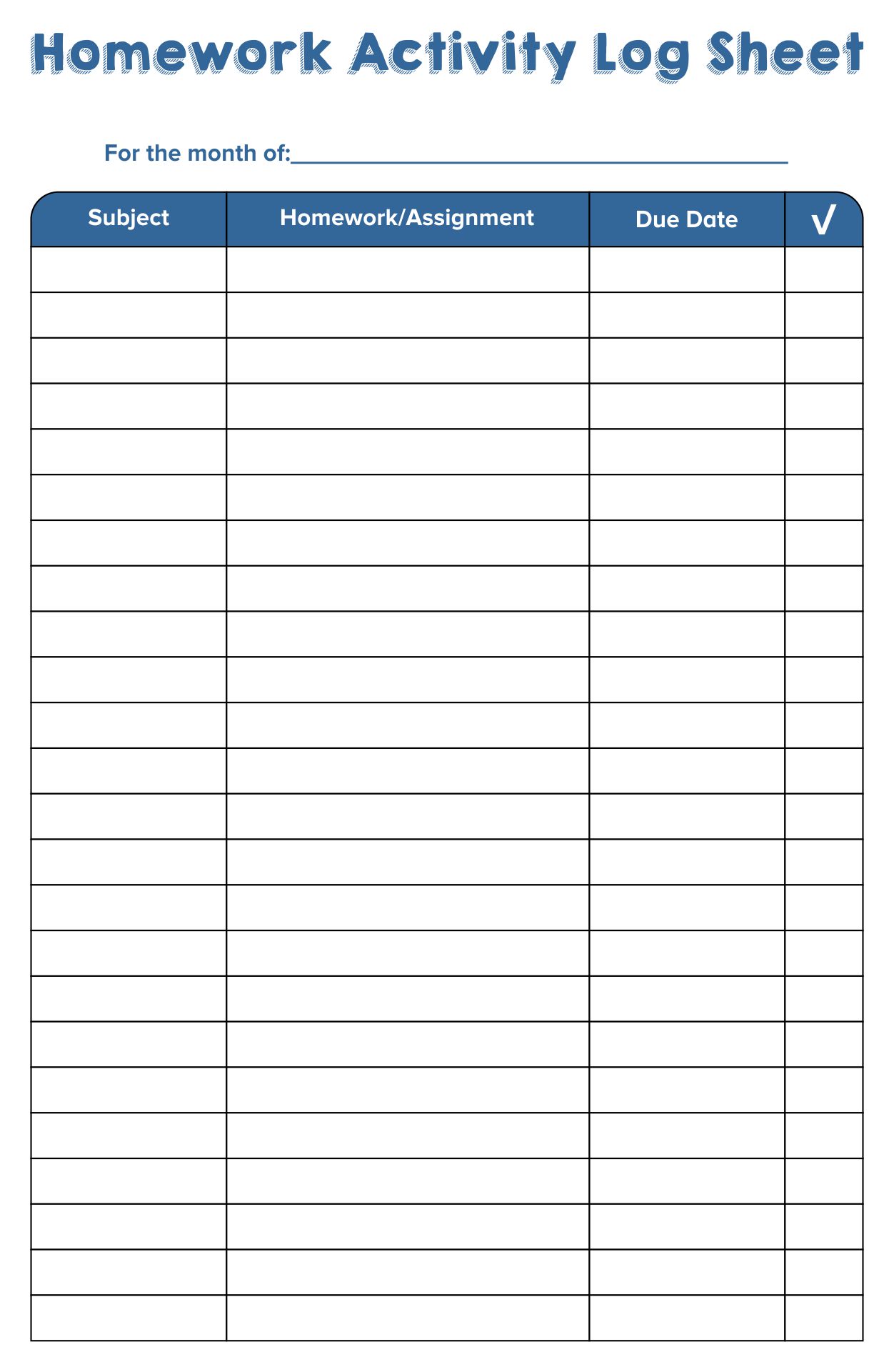 Printable Homework Activity Log Sheet