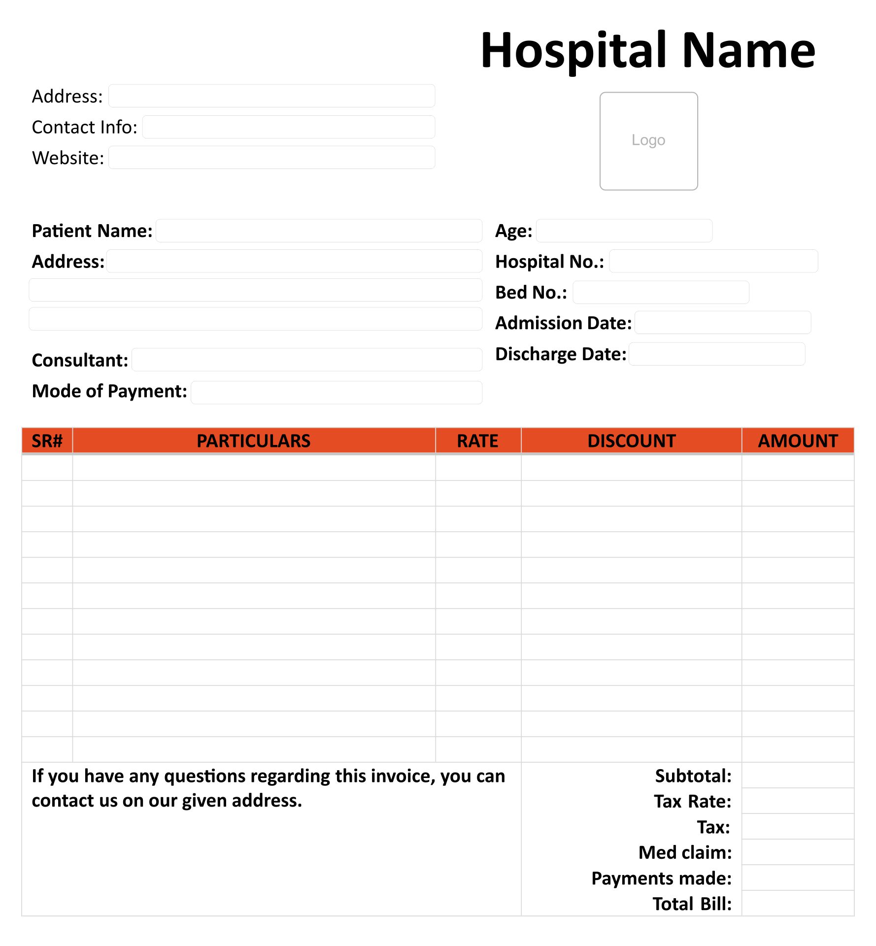 Printable Hospital Bill Format Template