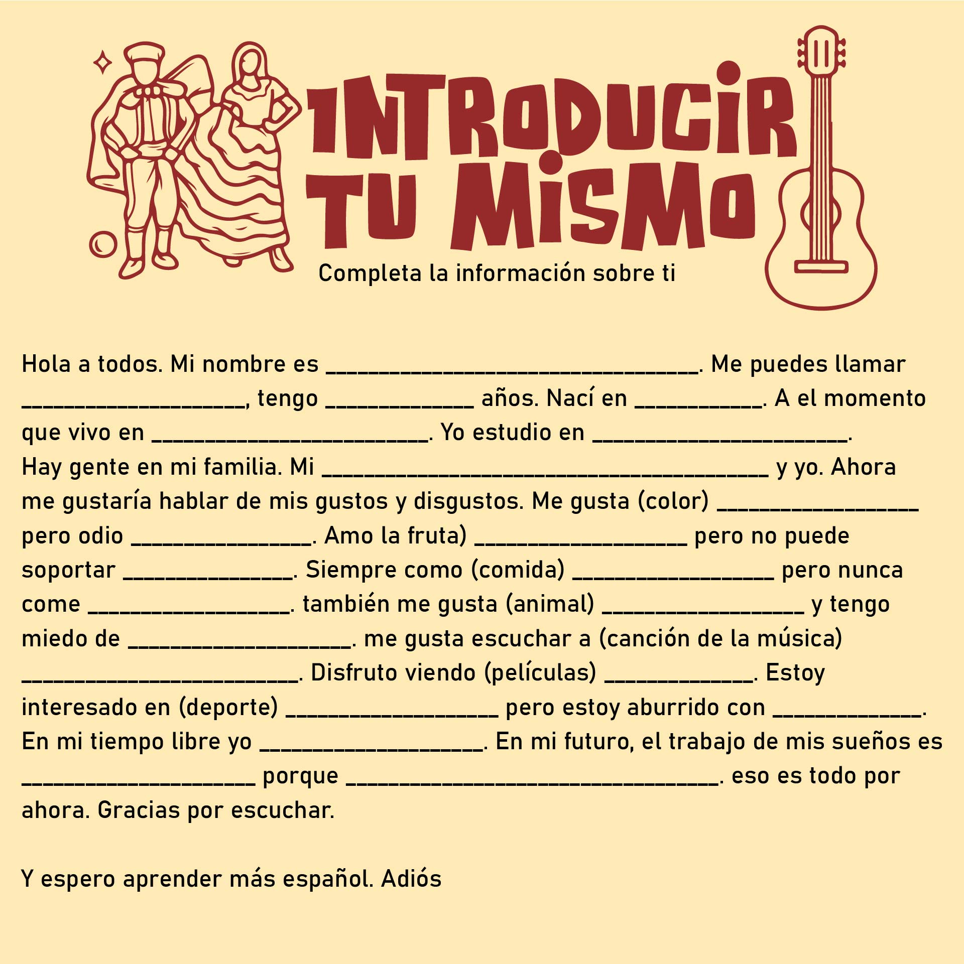 Printable Introduce Yourself In Spanish Worksheet