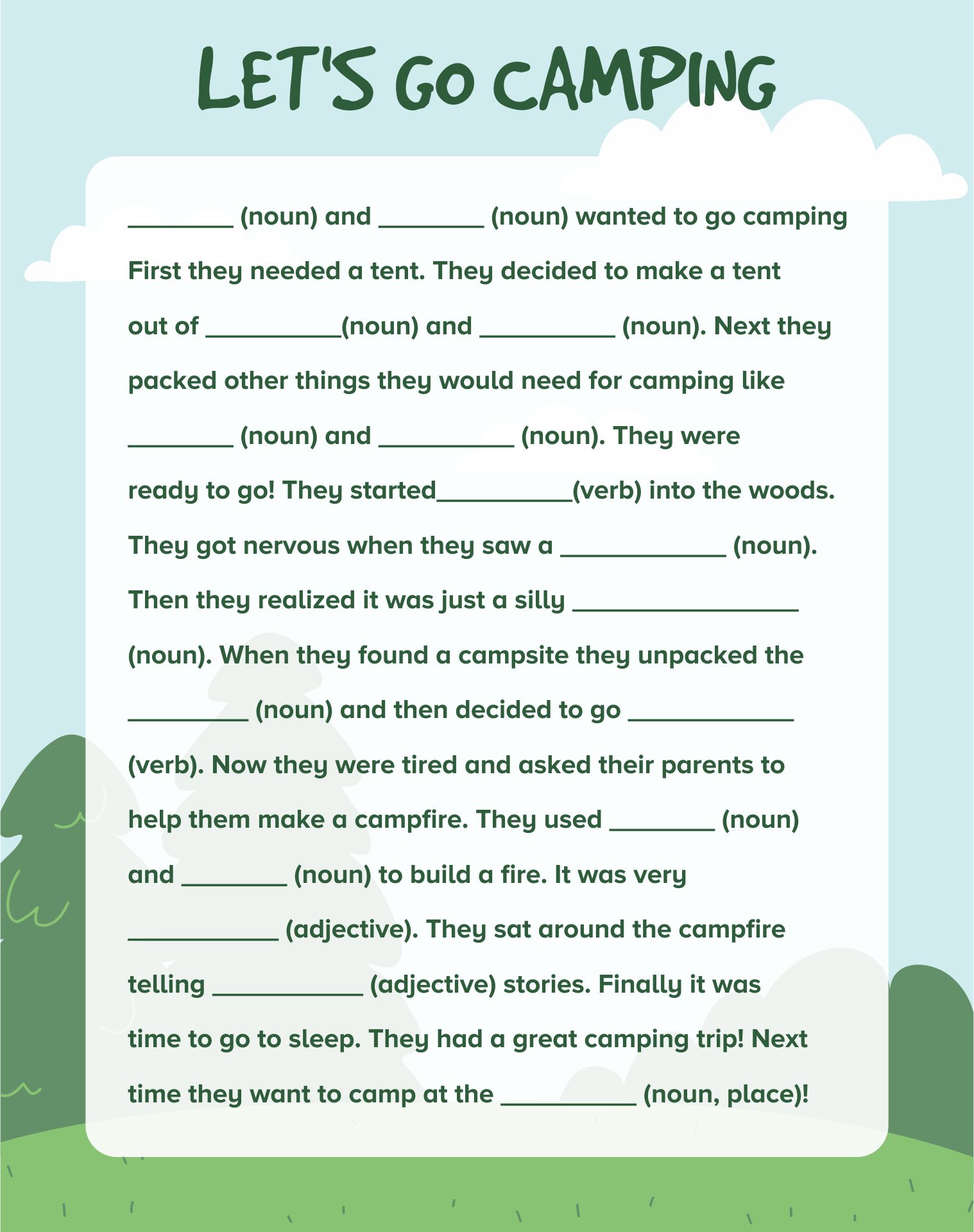 Printable Lets Go Camping Ad Libs For Kids
