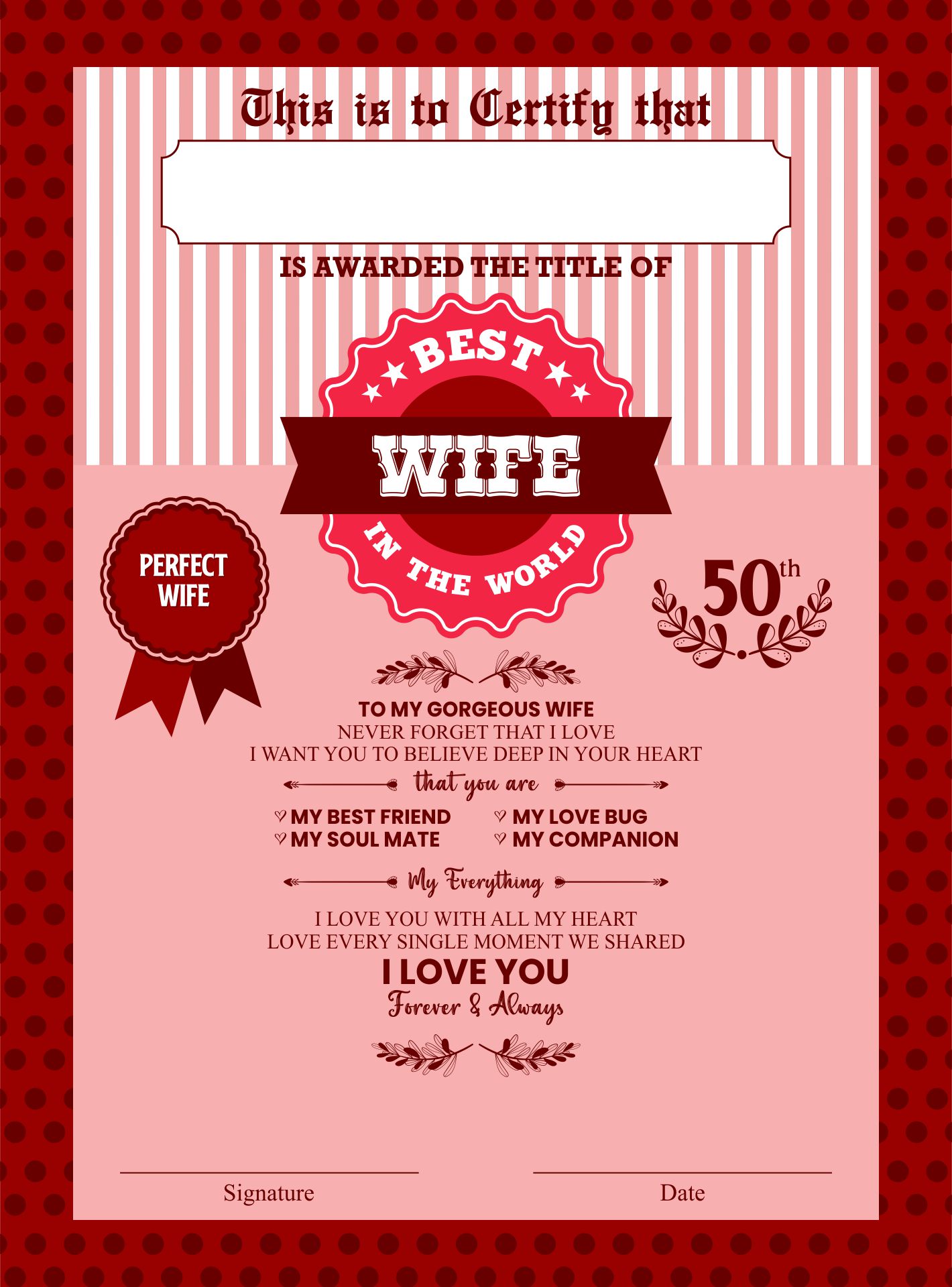 Printable Lovely 50th Birthday Gift Certificate Template For Wife