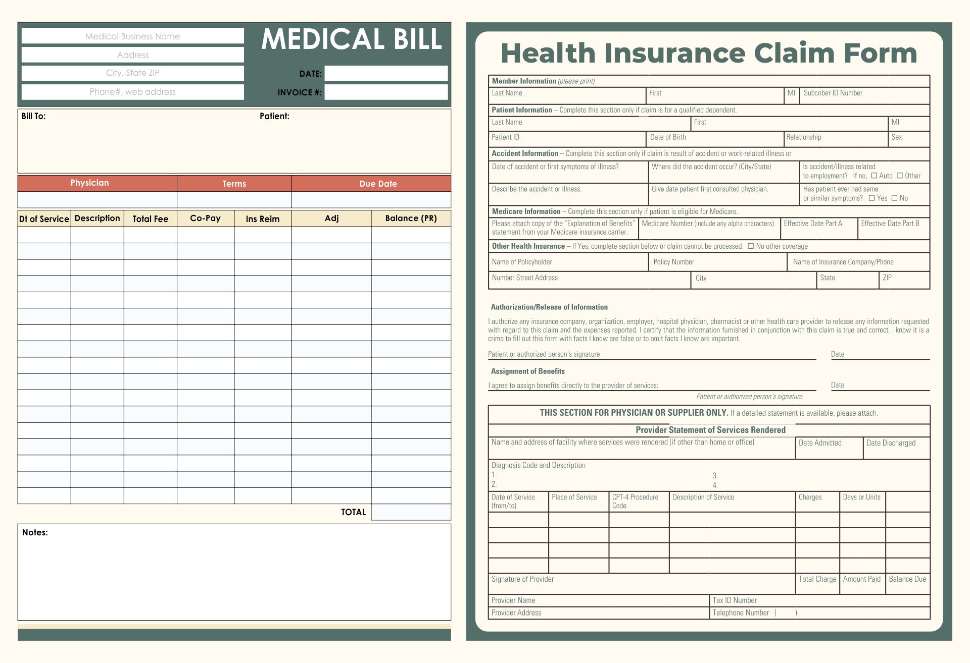 Printable Medical Bill And Health Insurance Claim Form Template