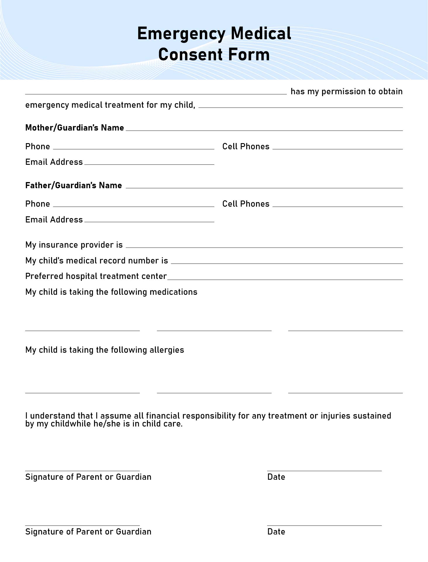 Printable Medical Emergency Consent Form Templates