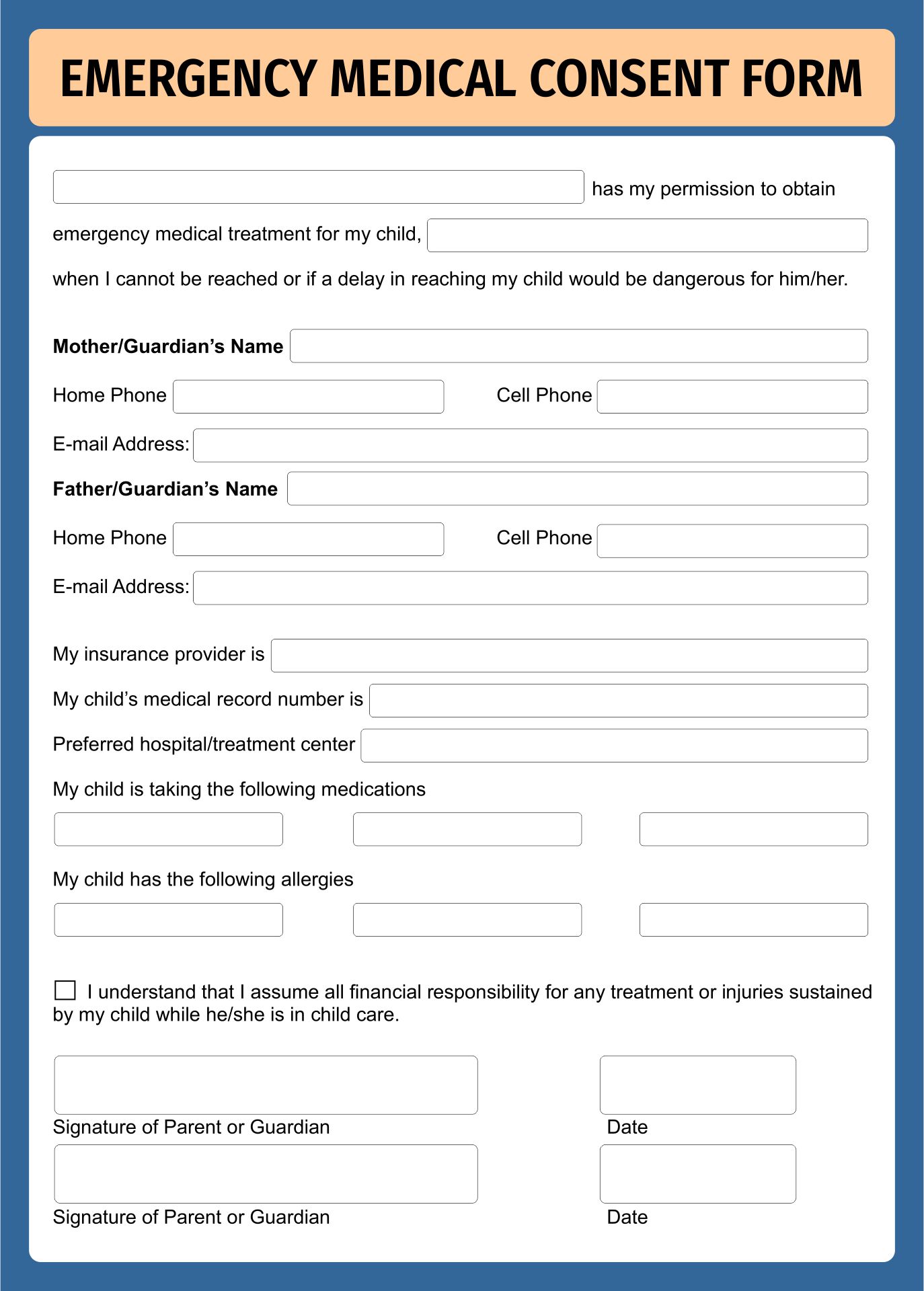 Printable Medical Emergency Consent Form