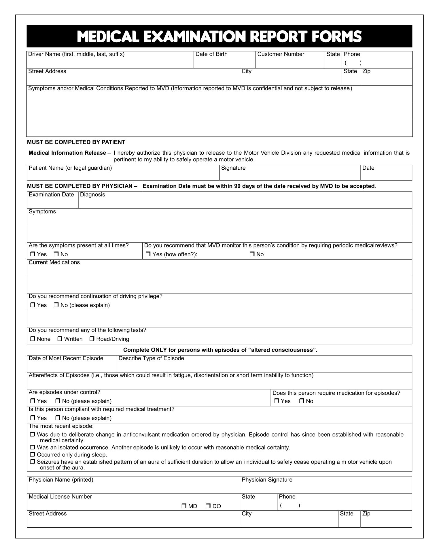 Printable Medical Examination Report Forms