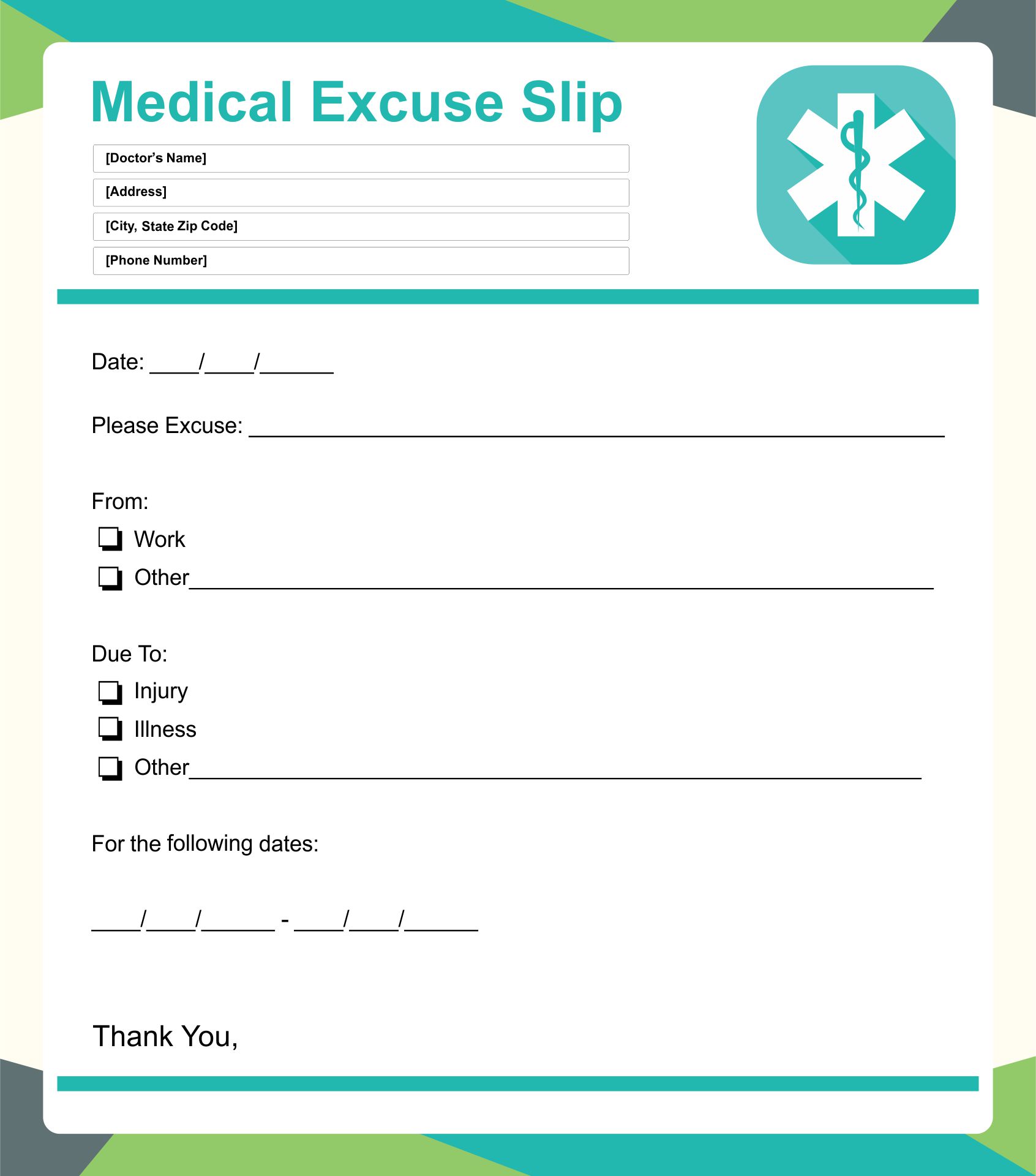 Printable Medical Excuse Slip Template