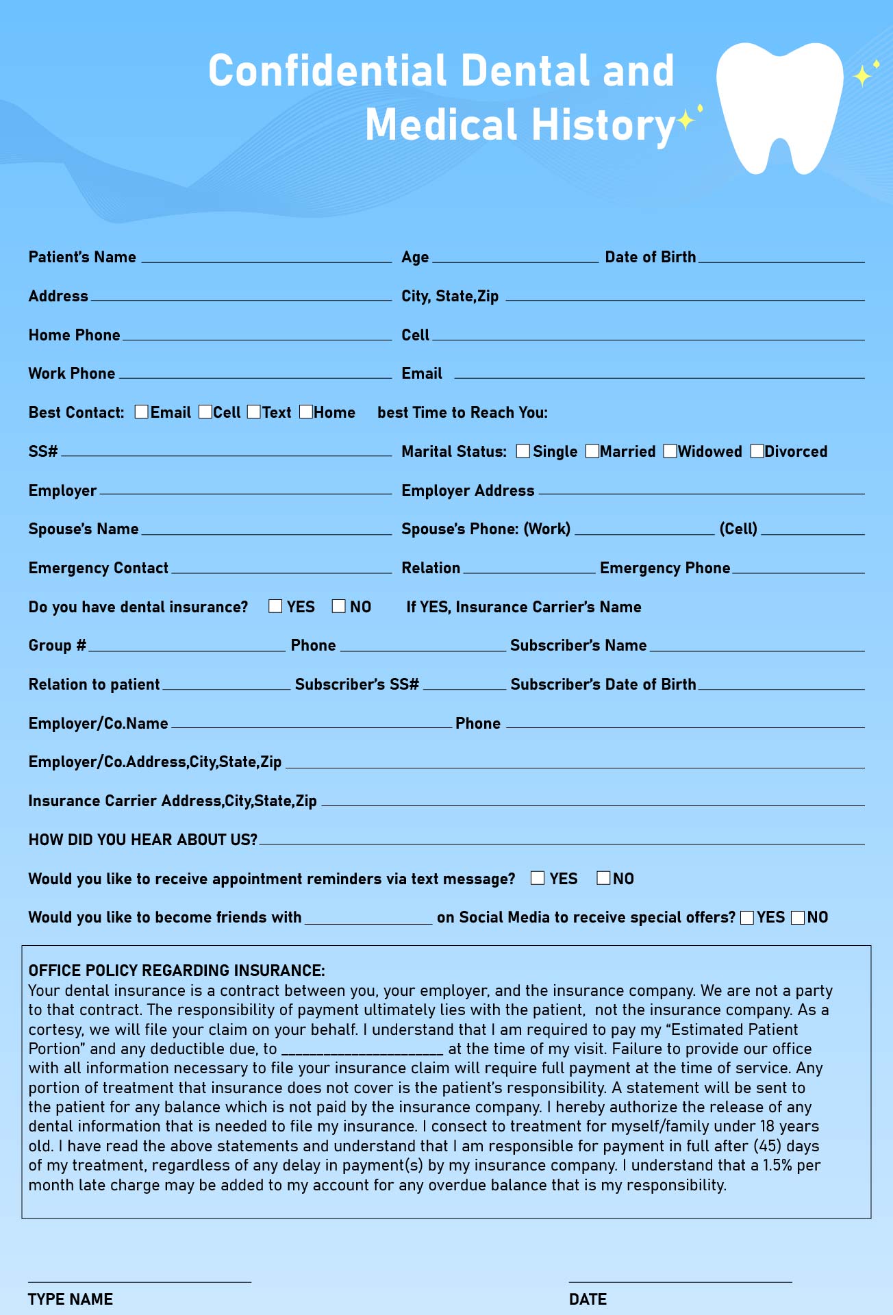 Printable Medical History Form For Dental Office Templates