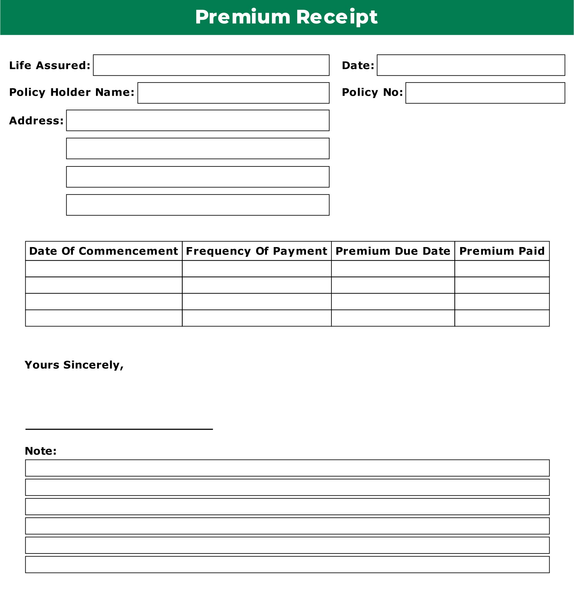 Printable Medical Insurance Premium Receipt Template