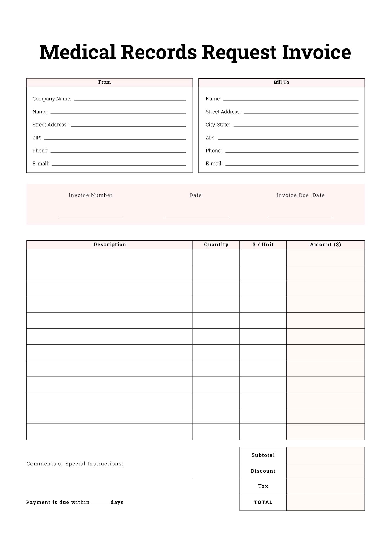 Printable Medical Records Request Invoice Template