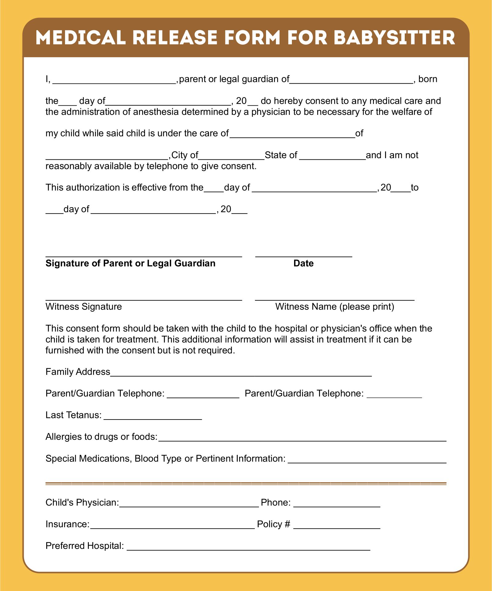 Printable Medical Release Form For Babysitter