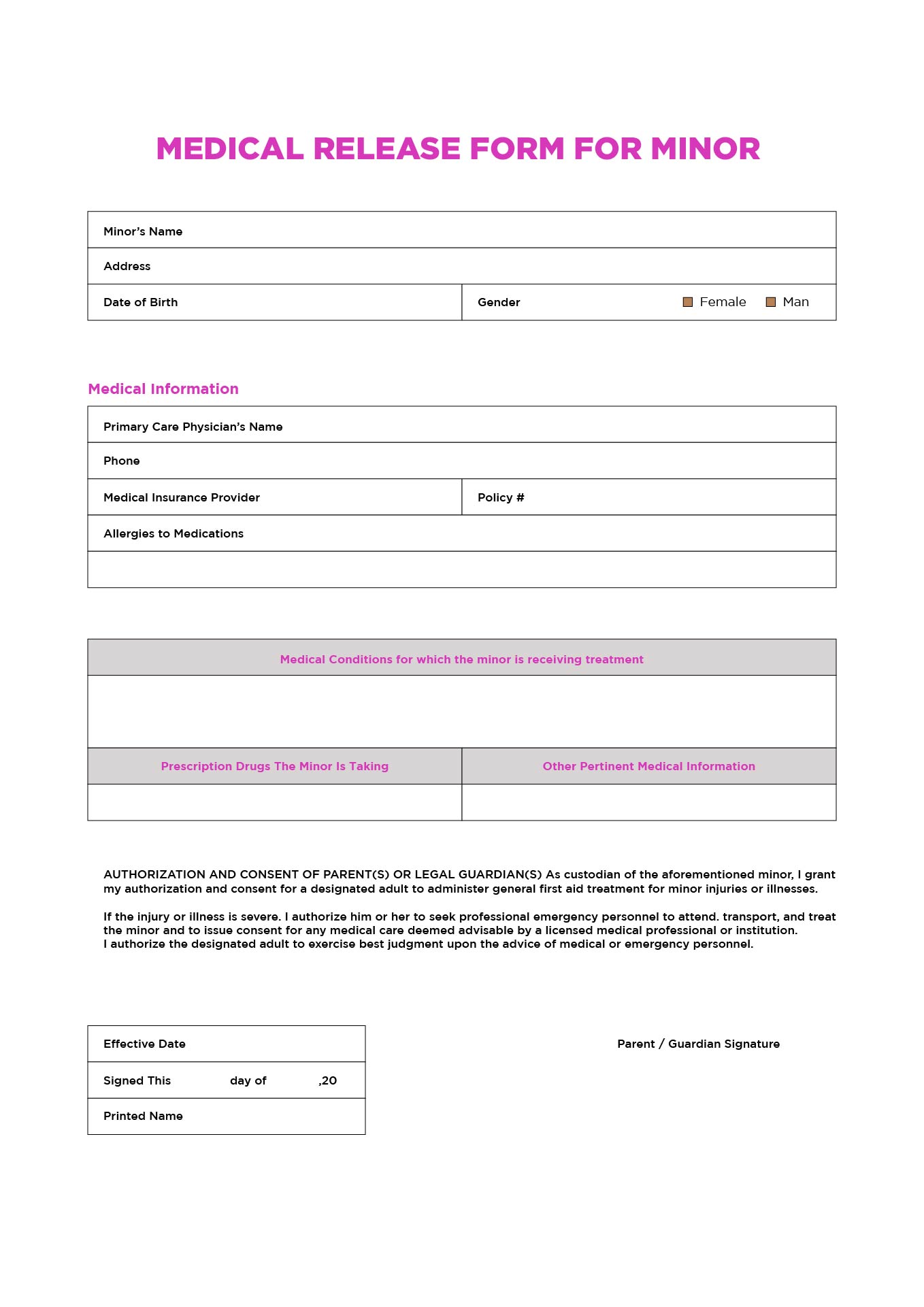 Printable Medical Release Form For Minor
