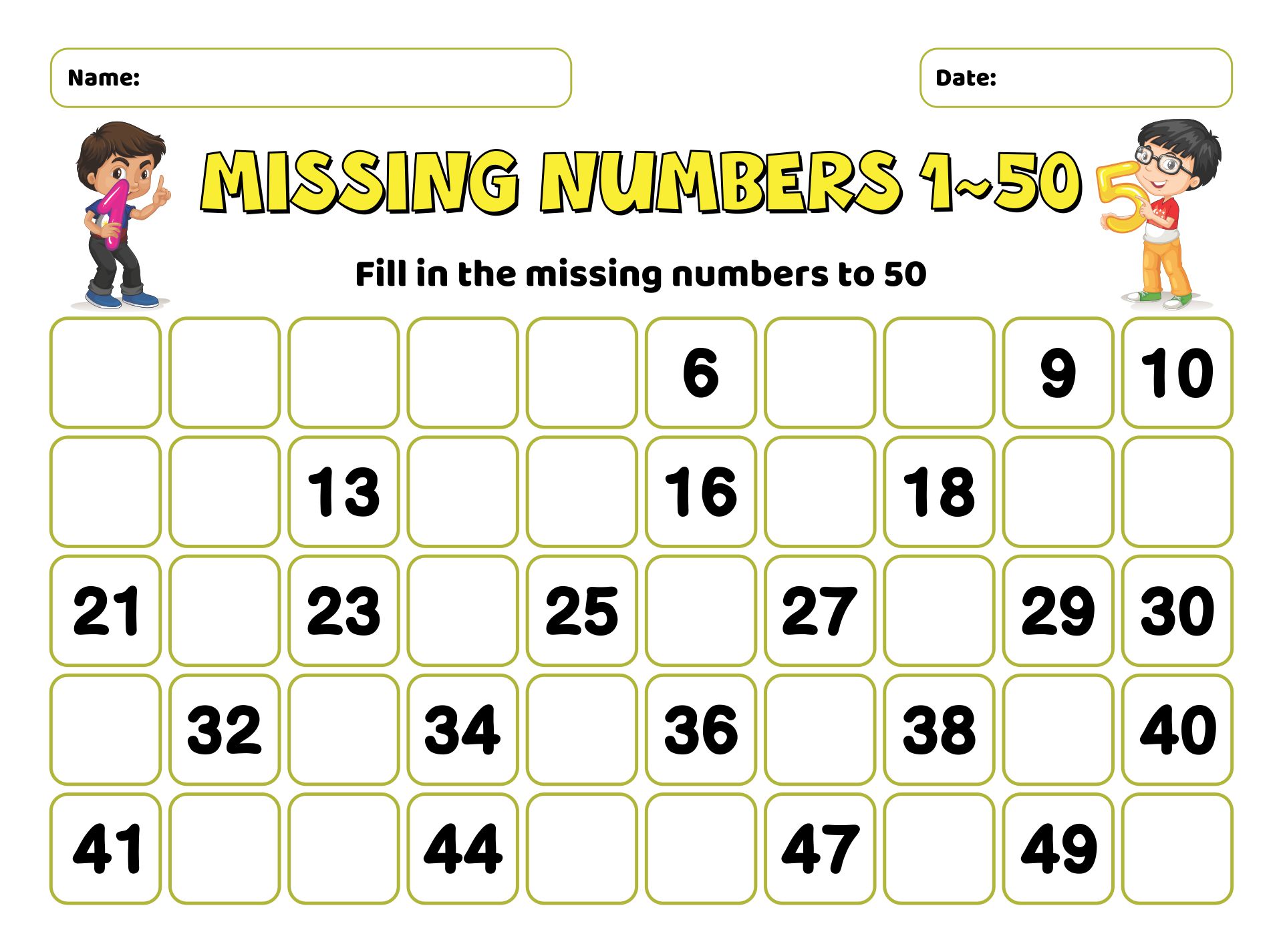 Printable Missing Numbers 1 50