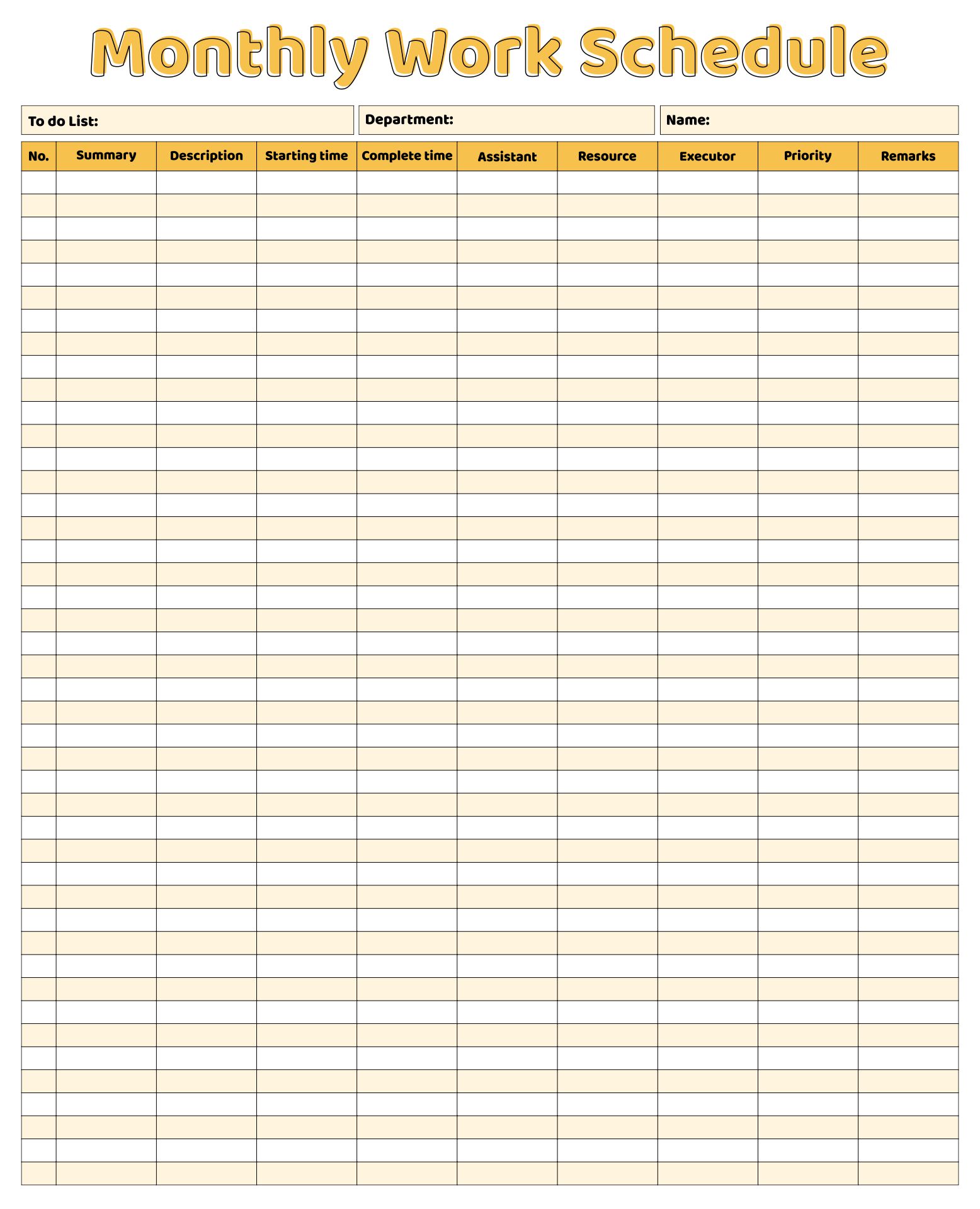 Printable Monthly Work Schedule Templates