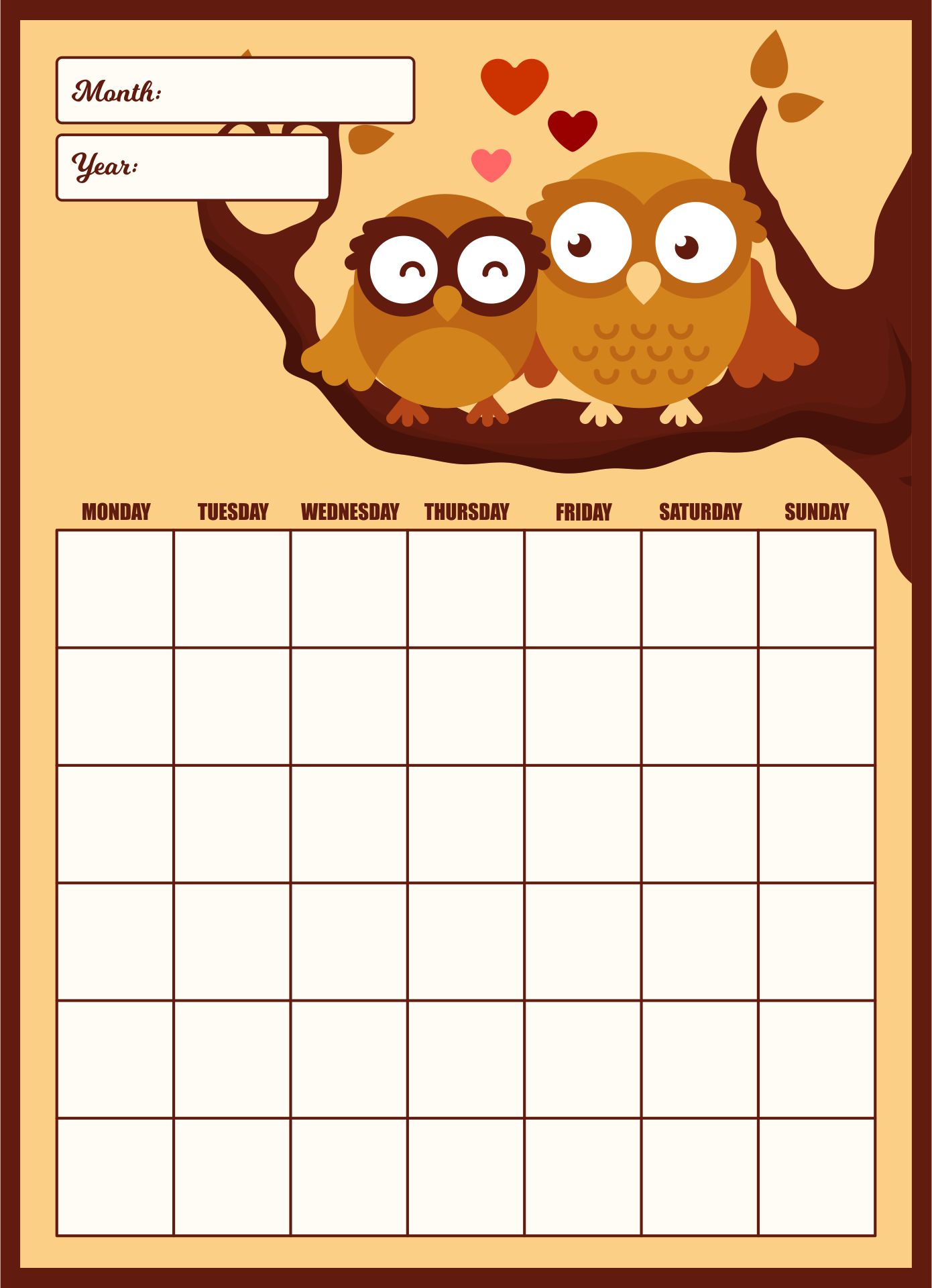 Printable Blank Owl Lover Calendar