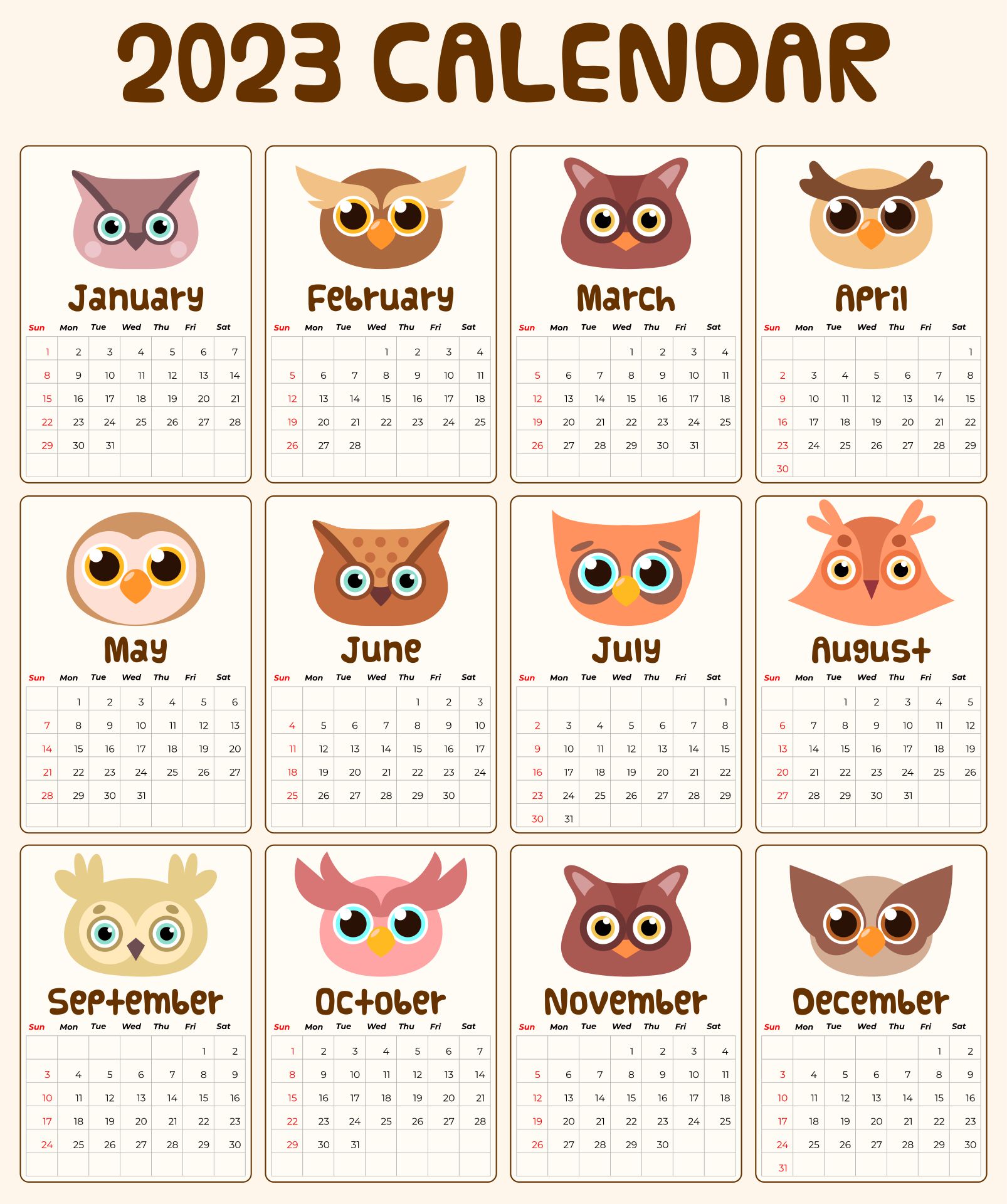 Printable Owl Theme Calendar
