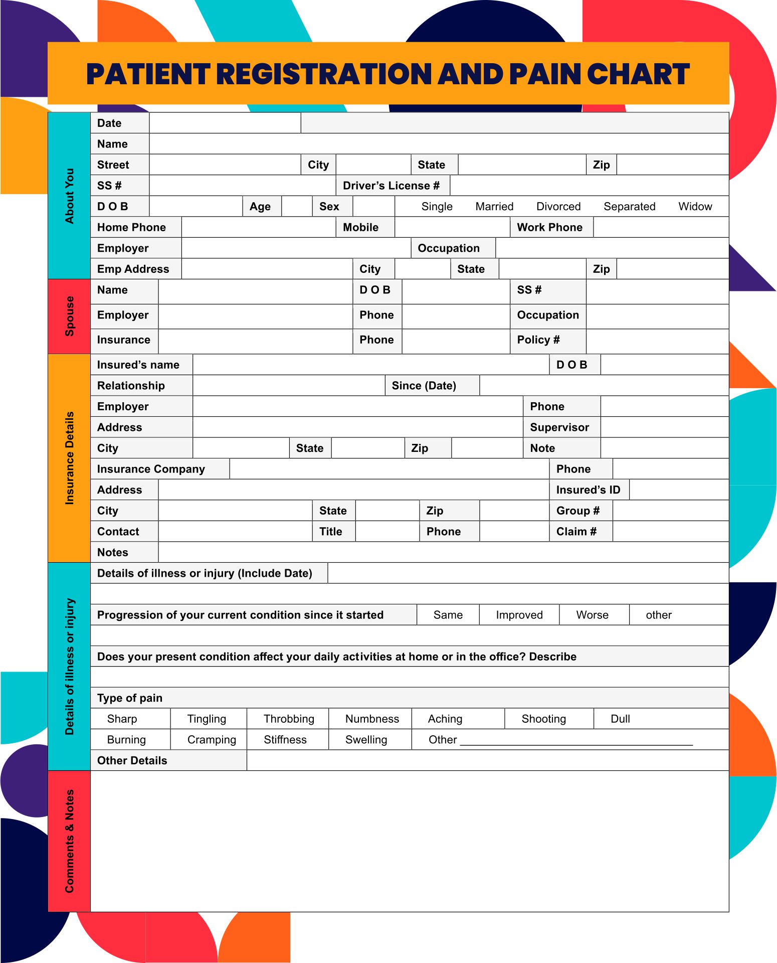 Printable Patient Registration And Pain Chart