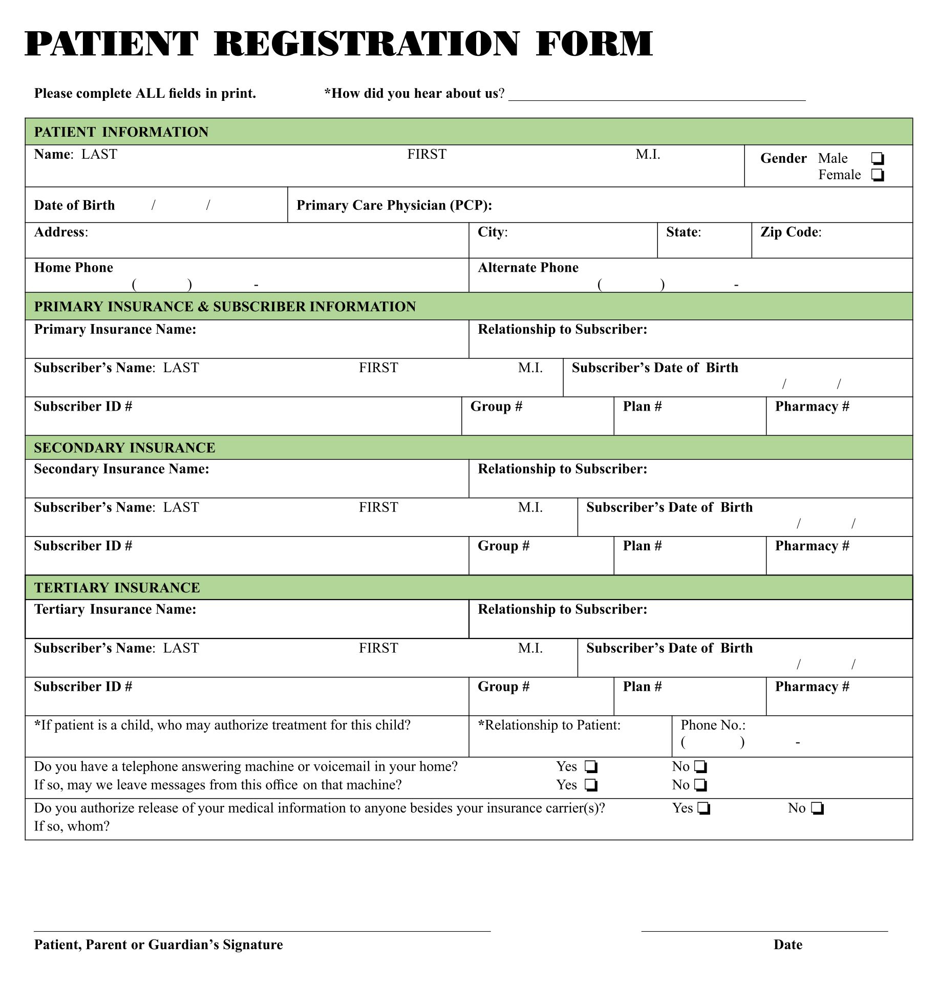 Printable Patient Registration Forms For A Medical Office Templates