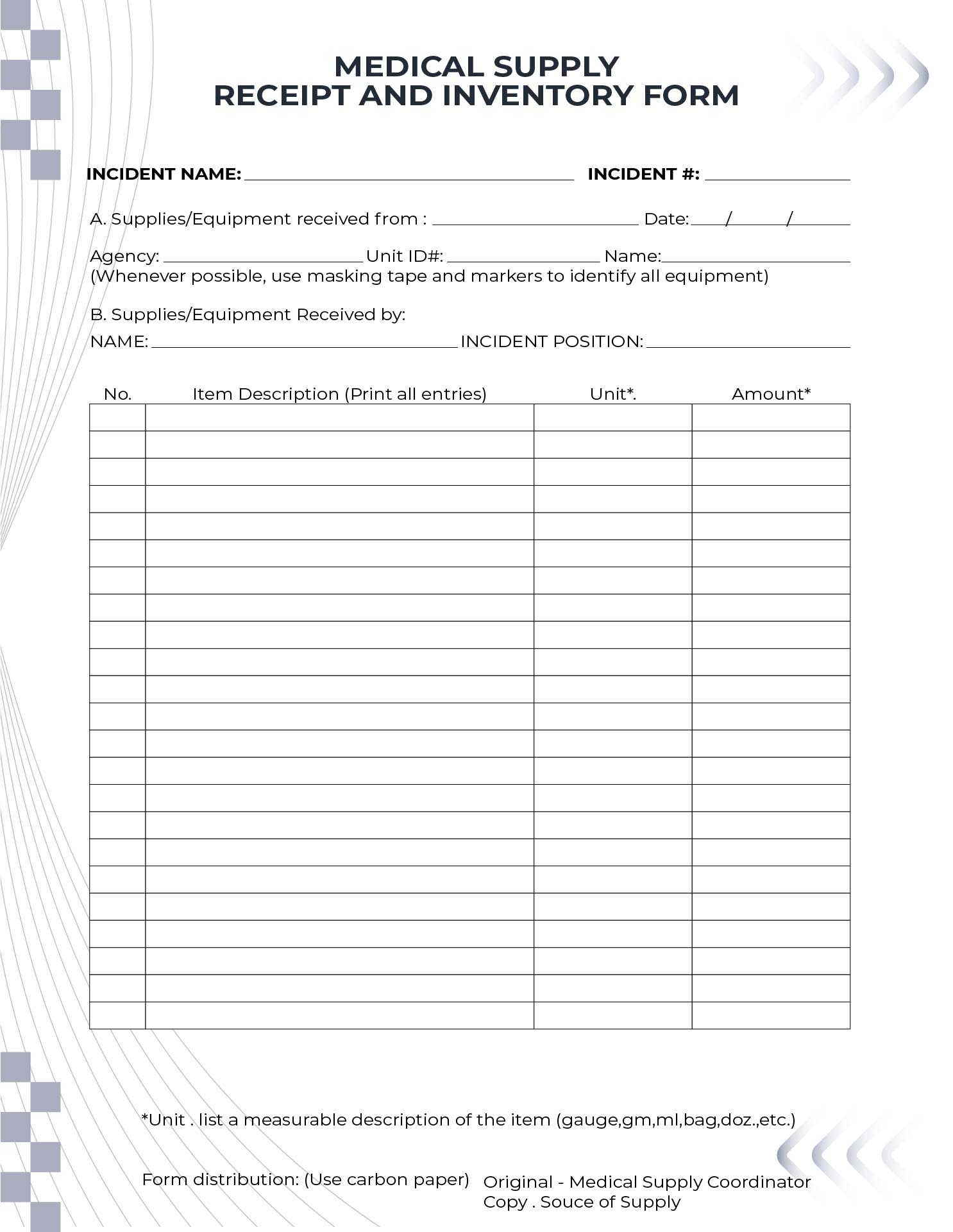 Printable Receipt Of Medical Equipment Form Template