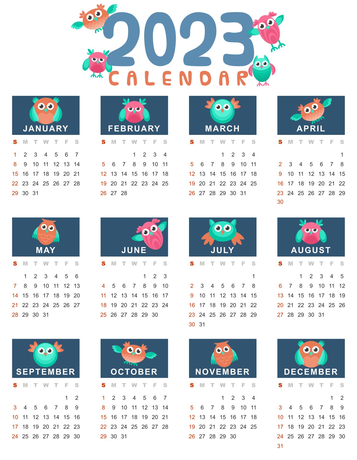 Printable Simply Owls Wall Calendar