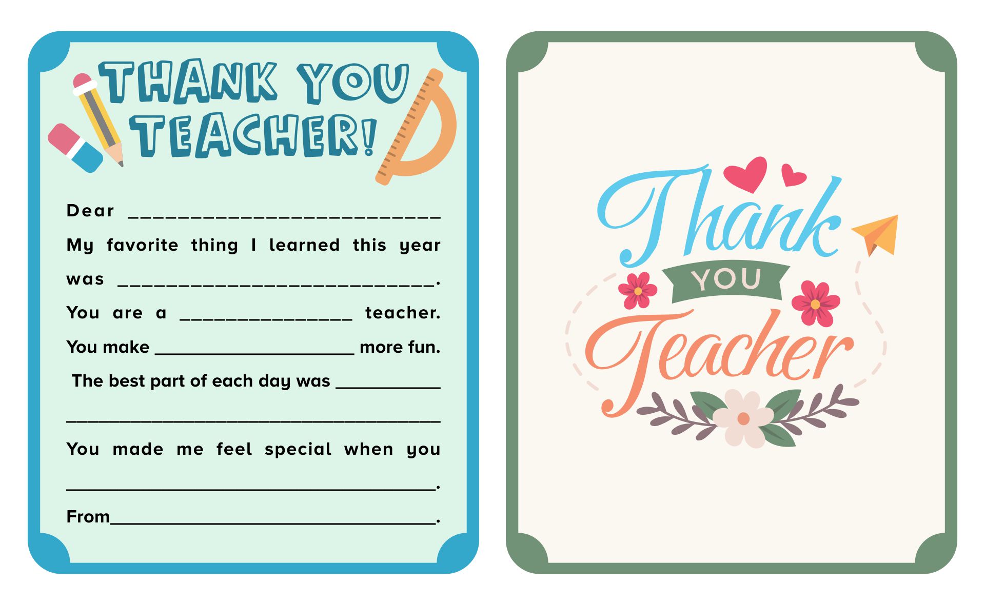 Printable Thank You Cards & Teacher Appreciation Cards