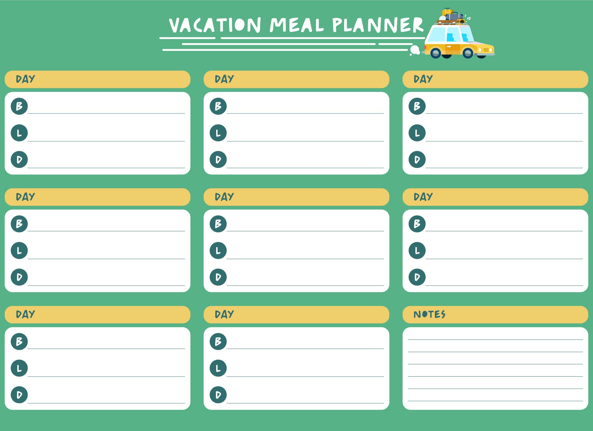 Printable Vacation Meal Planning Template