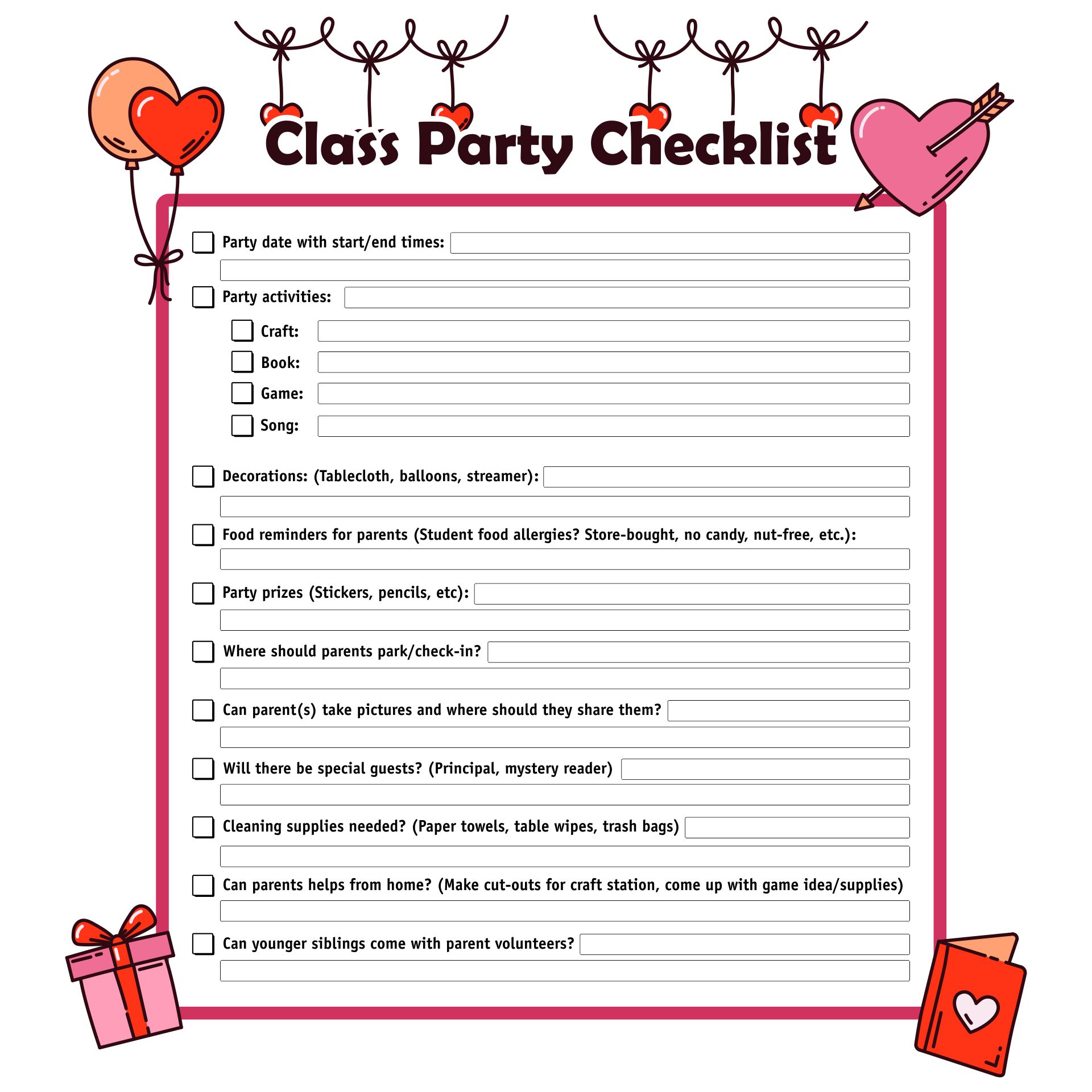 Printable Valentines Day Class Party Checklist Template