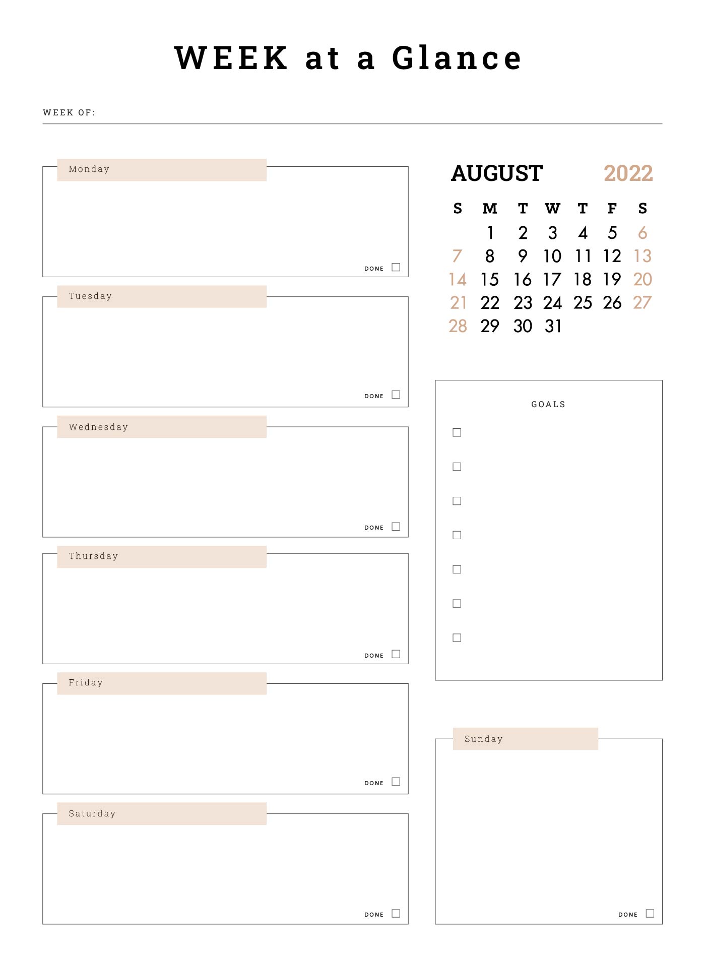 Printable Week At A Glance Planner With Calendar