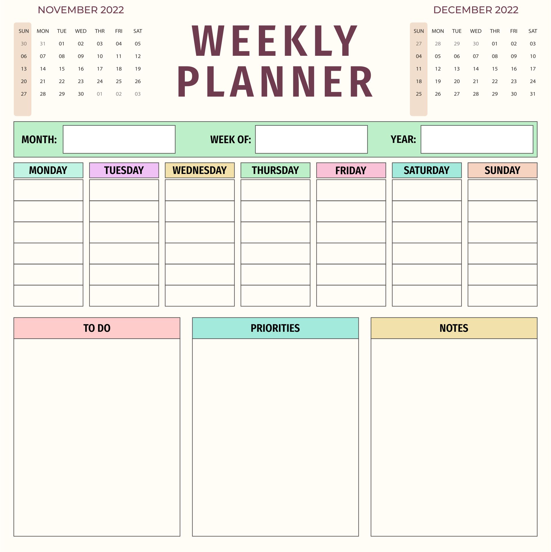 Printable Weekly Planner With Calendar