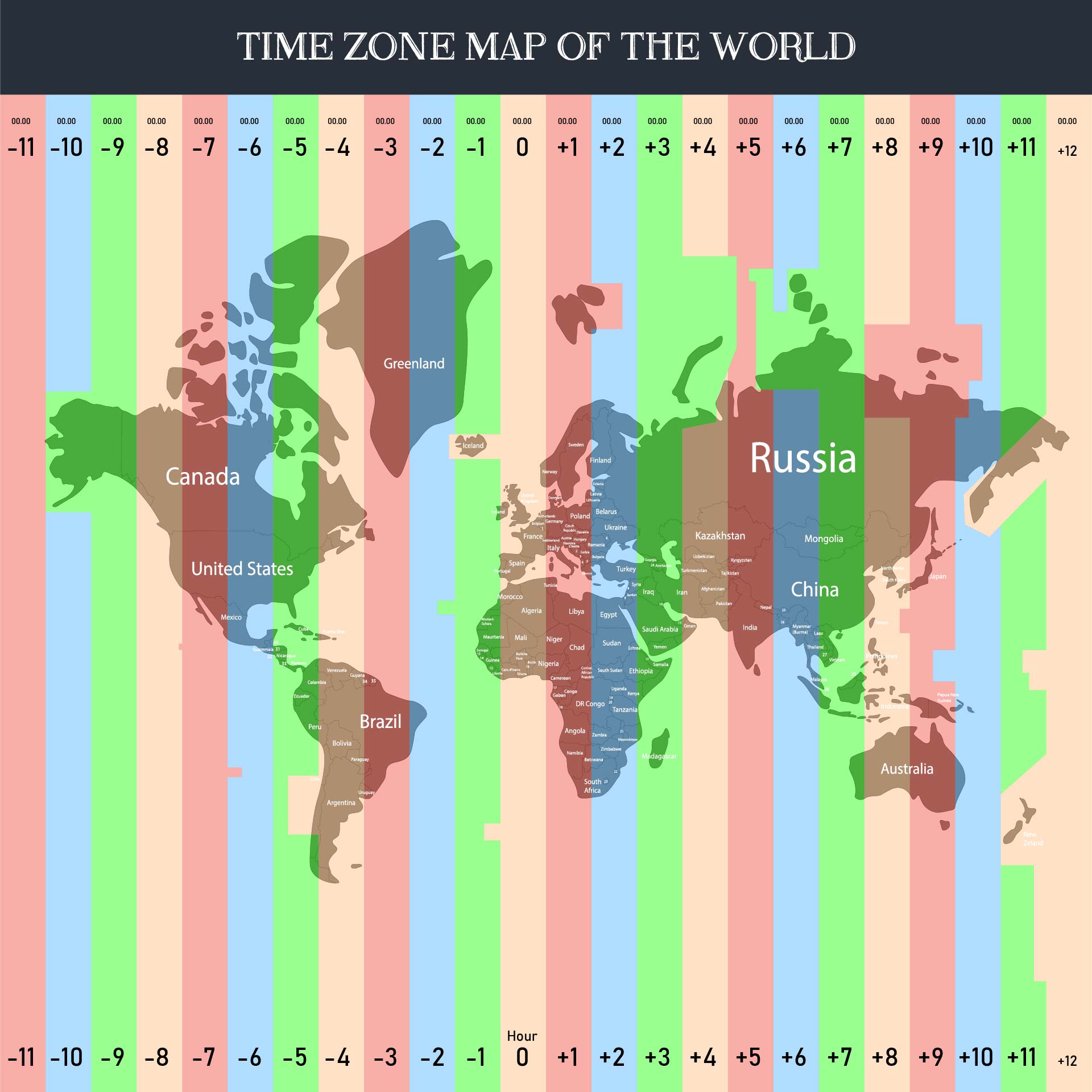 Printable World Time Zone Map Large