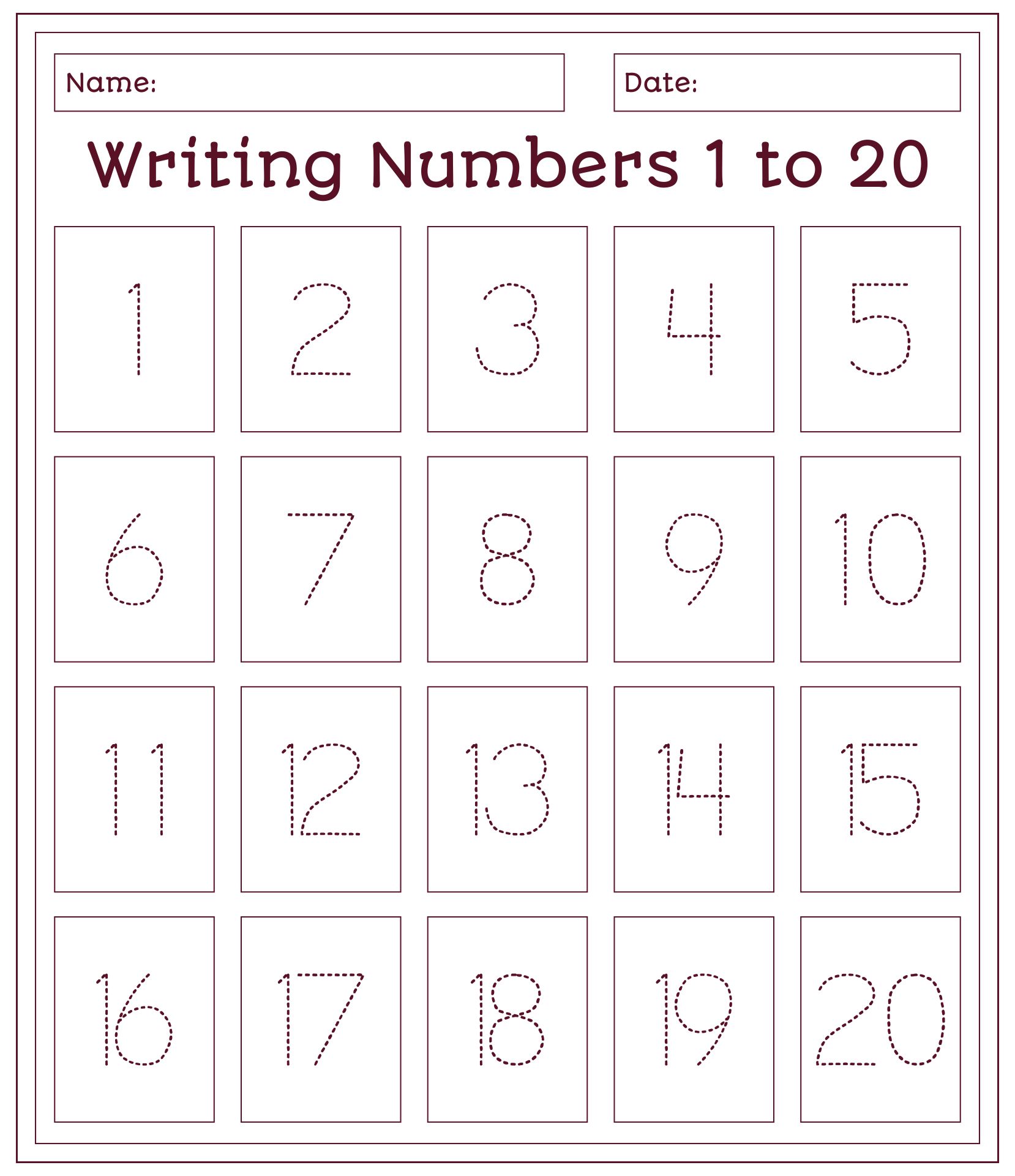 Printable Writing Numbers 1 To 20 Worksheets
