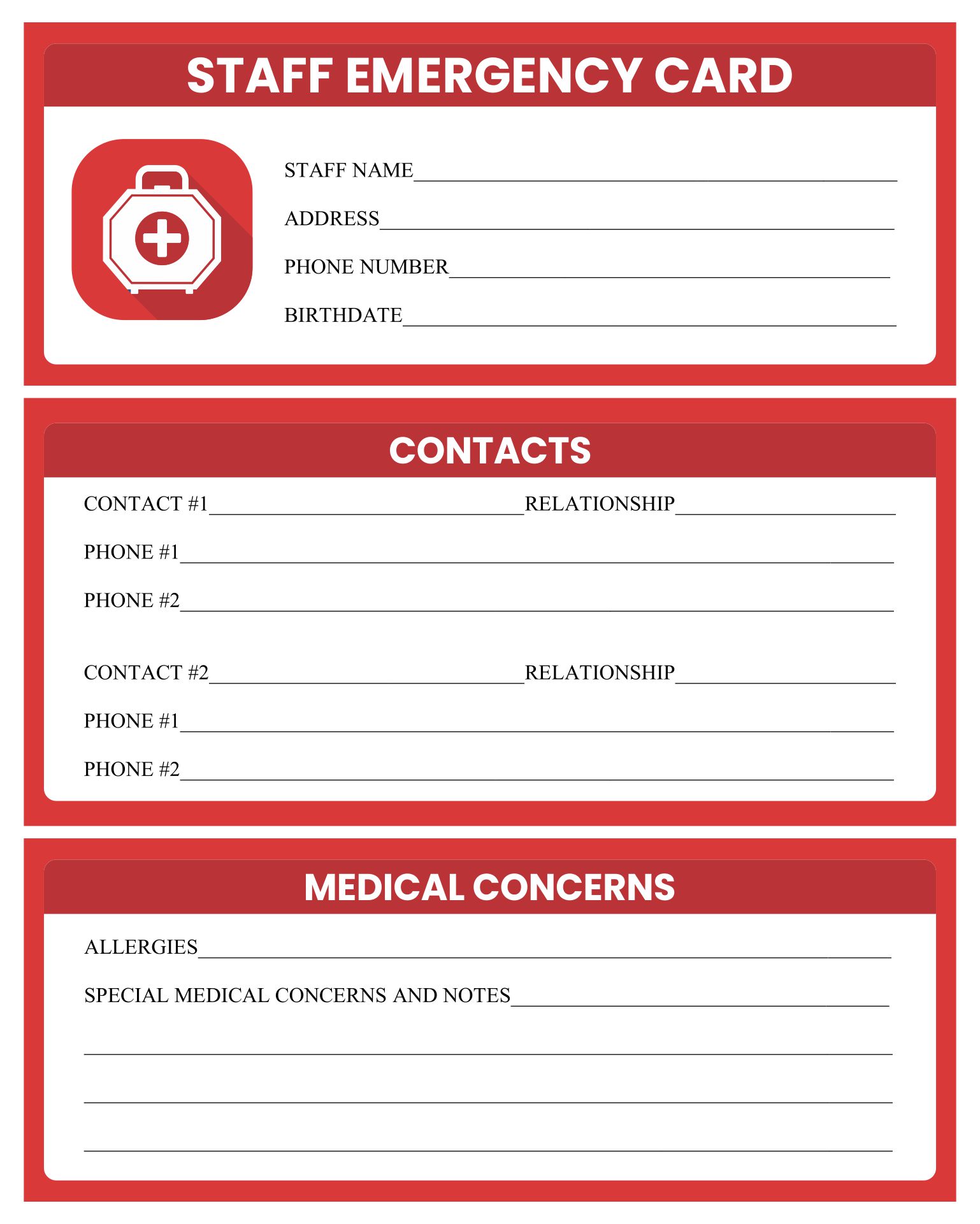 Staff Emergency Card Template Printable