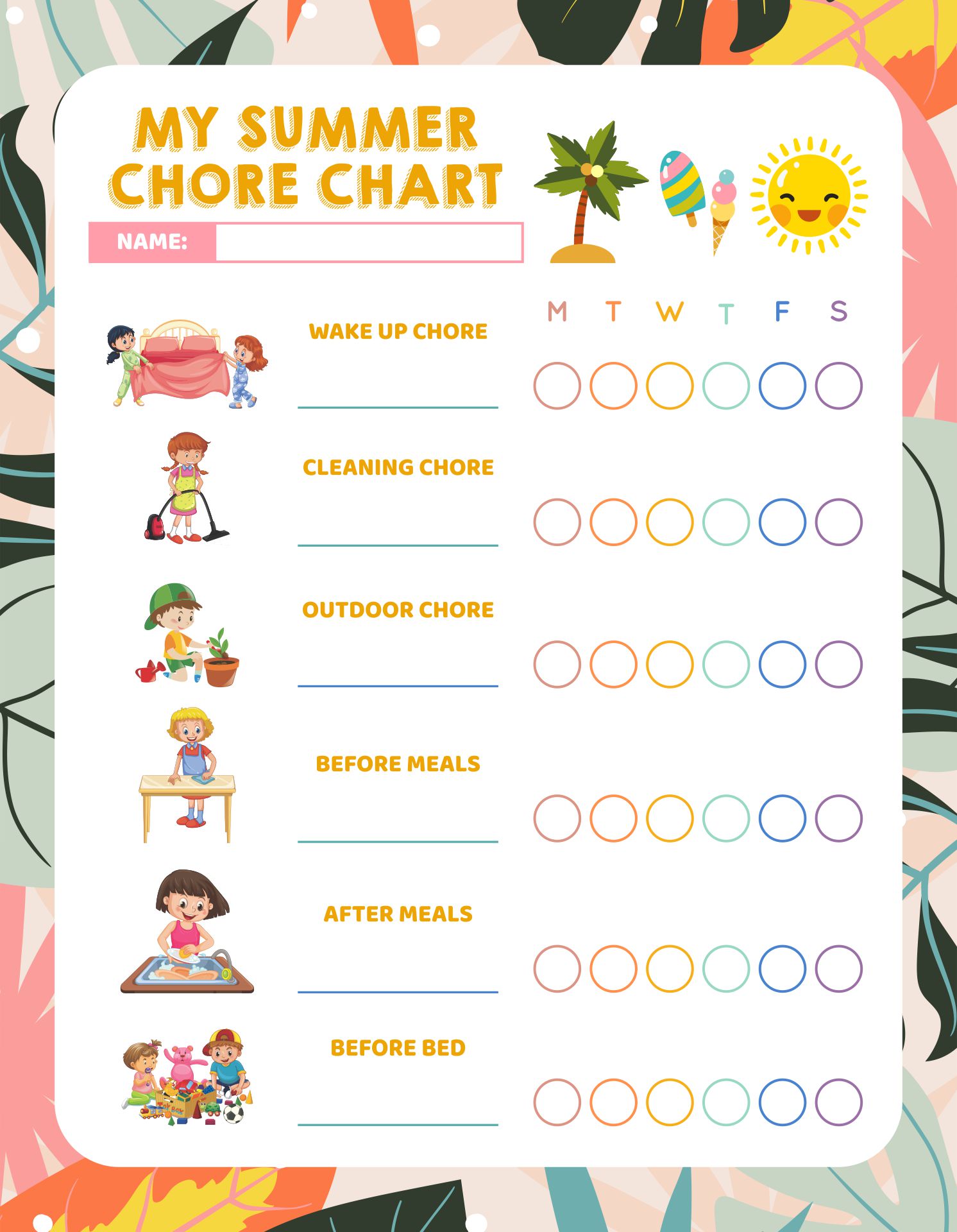 Summer Chores For Kids Ages 4-12 Printable Charts