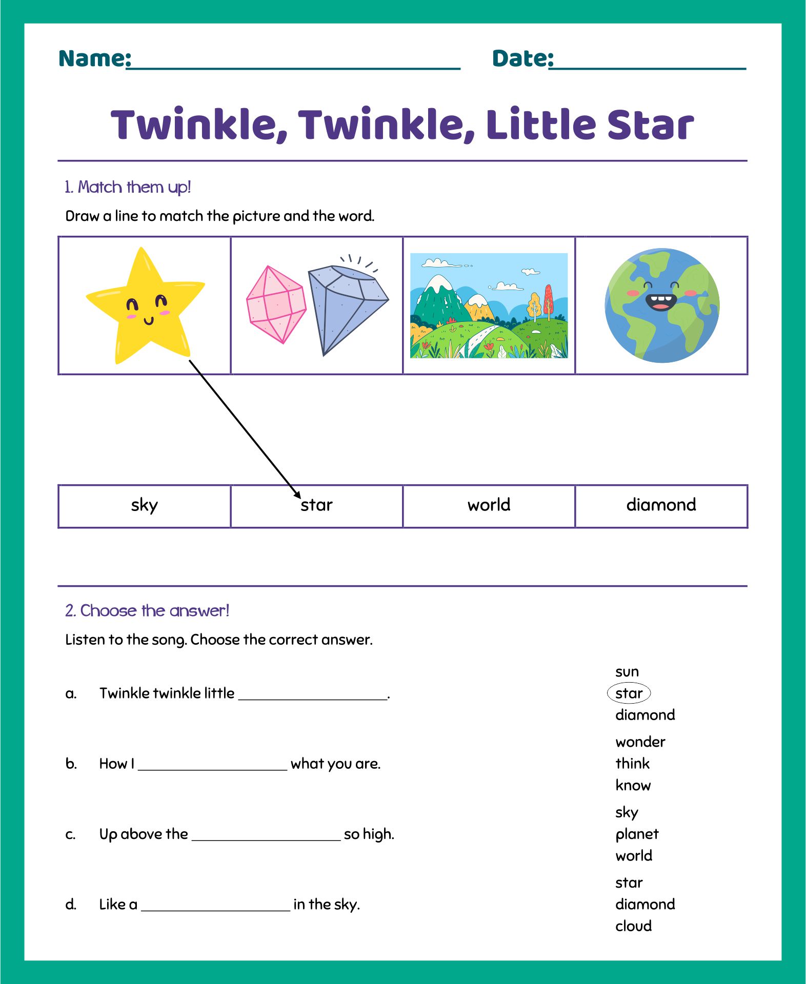 Twinkle Little Star Worksheet: Free Nursery Rhymes Printable for Kids