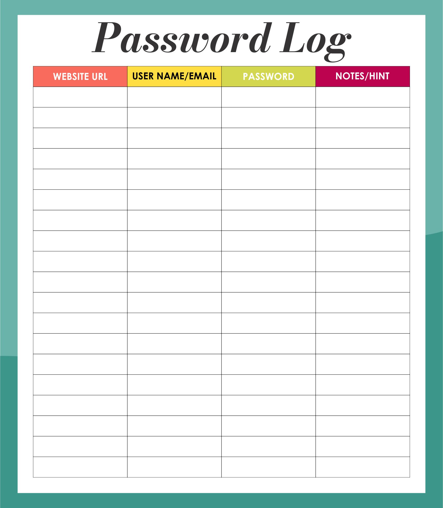 Username & Password Log Printable