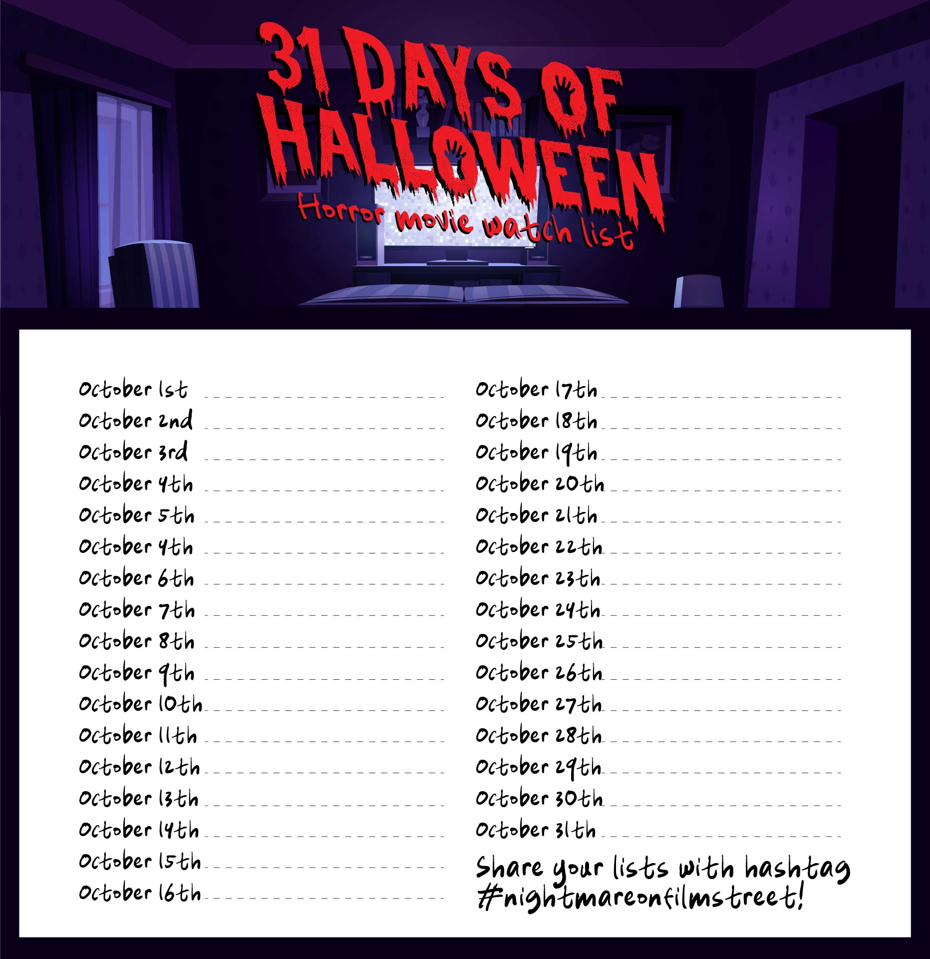31 Days Of Halloween Movies Printable Calendar